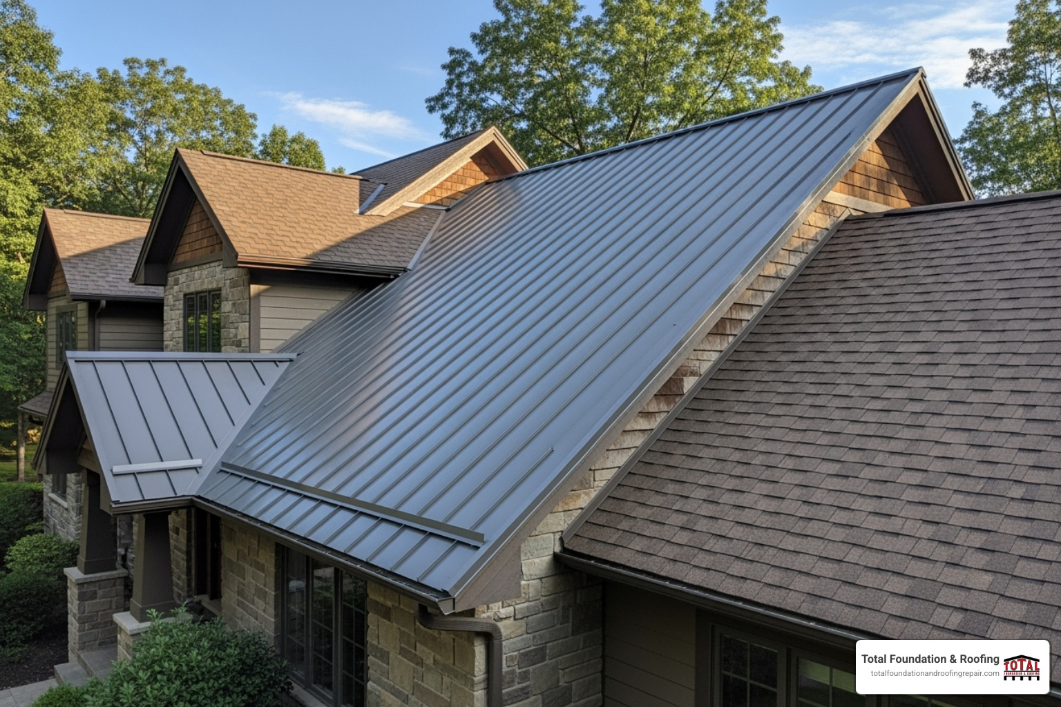 metal roof next to an asphalt shingle roof - metal roof cost per square foot installed