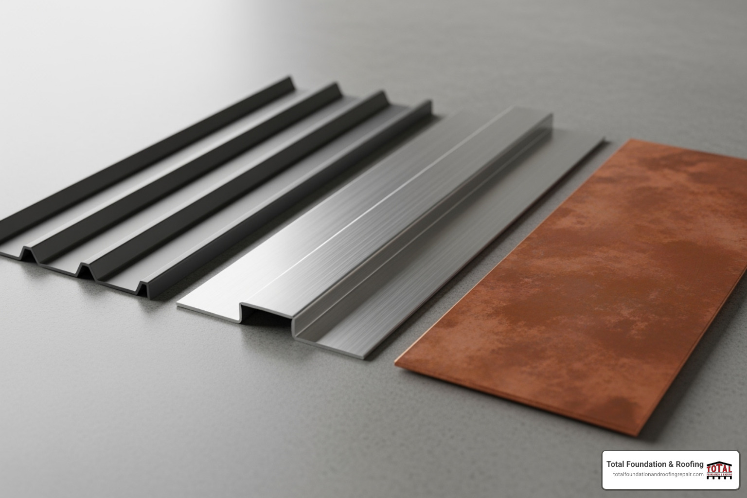different metal roofing materials like steel, aluminum, and copper side-by-side - metal roof cost per square foot installed
