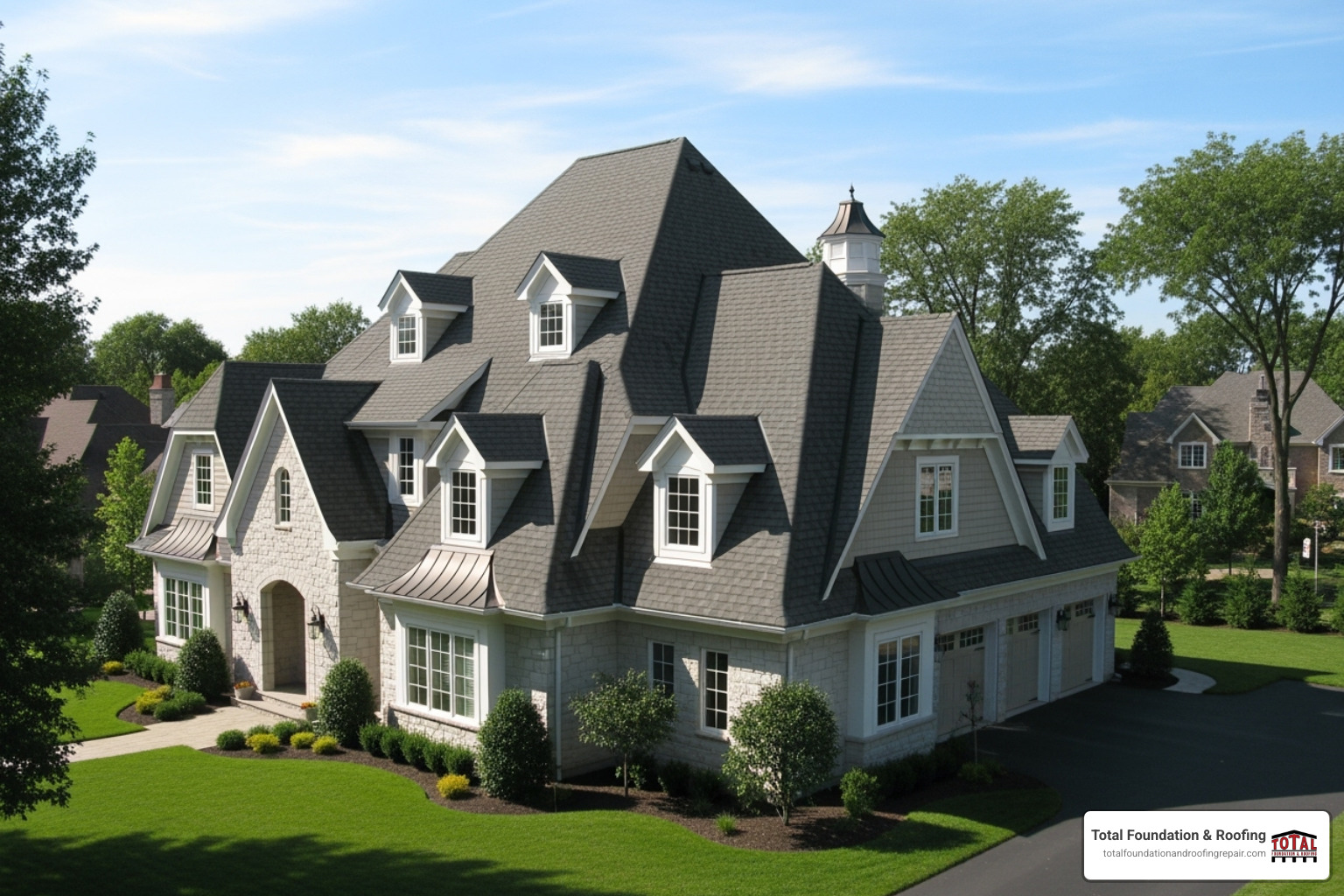 complex roof with multiple dormers, valleys, and a steep pitch - metal roof cost per square foot installed