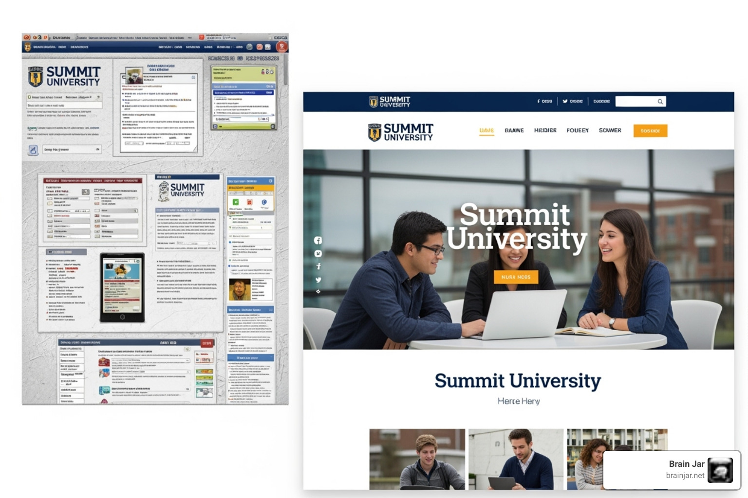 Old cluttered website next to a new clean and branded college website - College website redesign