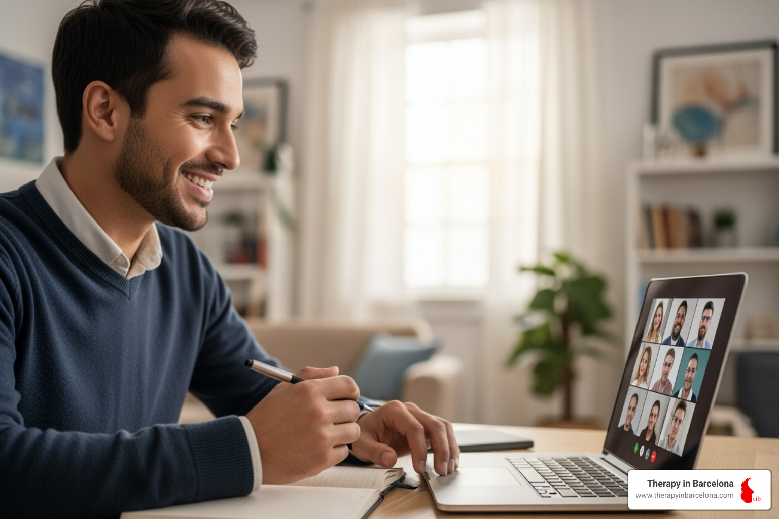 A person sitting at a laptop, smiling and engaged in a video call, holding a pen and notebook, looking positive and comfortable. - expat life coaching