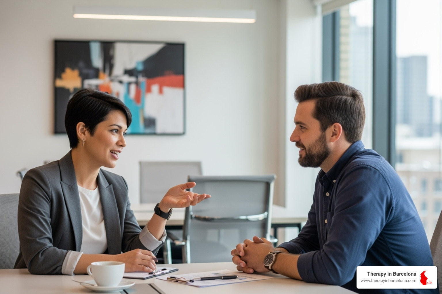Two people engaged in a warm, collaborative conversation in a calm, modern office setting. One person is gesturing gently while the other listens attentively, both smiling slightly. - expat life coaching