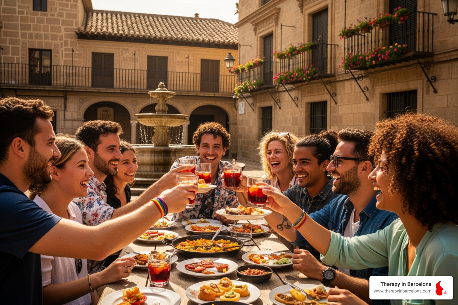A diverse group of friends, including LGBTQ+ individuals, sharing a meal and laughing together at an outdoor table in a Spanish plaza, with traditional architecture in the background. - expat life coaching
