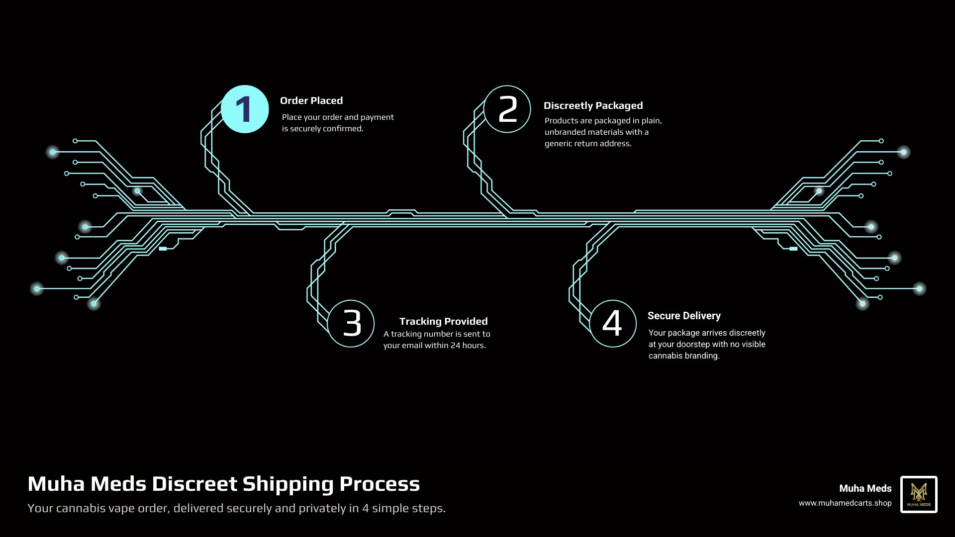 Infographic showing Muha Meds 4-step discreet shipping process: 1) Order placed and payment confirmed, 2) Products packaged in plain, unbranded materials with generic return address, 3) Tracking number sent via email within 24 hours, 4) Package delivered discreetly to your doorstep with no visible cannabis branding - Muha Meds discreet shipping infographic infographic-4-steps-tech