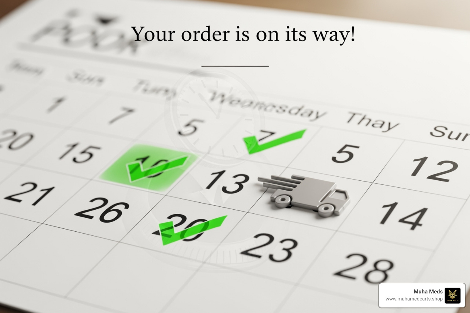 A calendar with shipping days highlighted, indicating fast processing and delivery. - Muha Meds discreet shipping