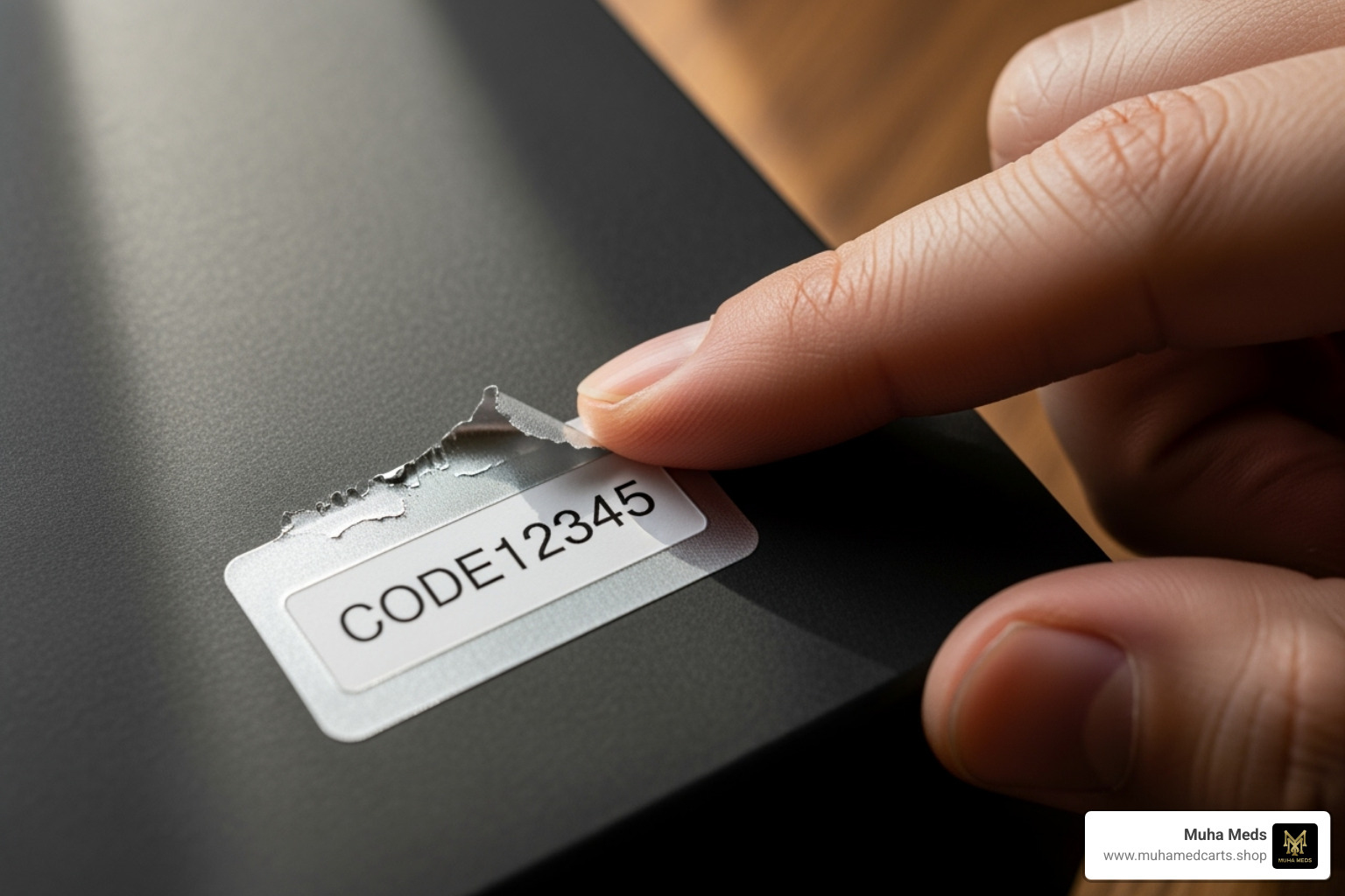 Finger scratching off the coating of a verification sticker - Muha Meds verification