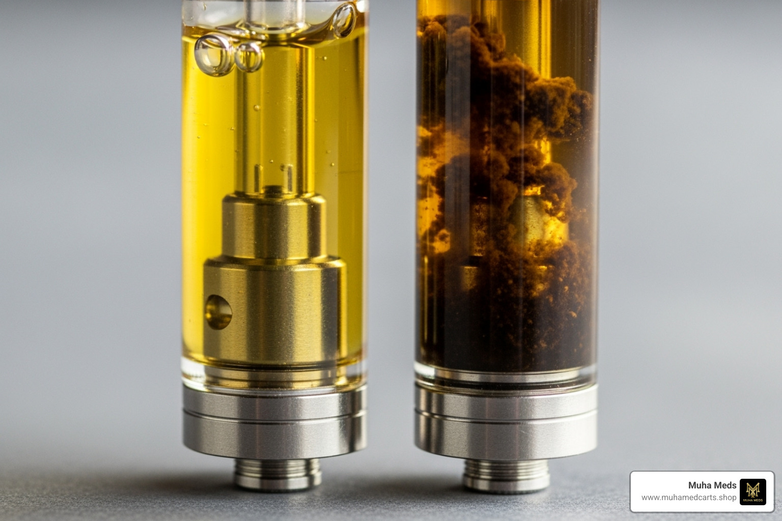 Comparison of clear, golden authentic Muha Meds oil vs. dark, cloudy fake oil - Muha Meds verification