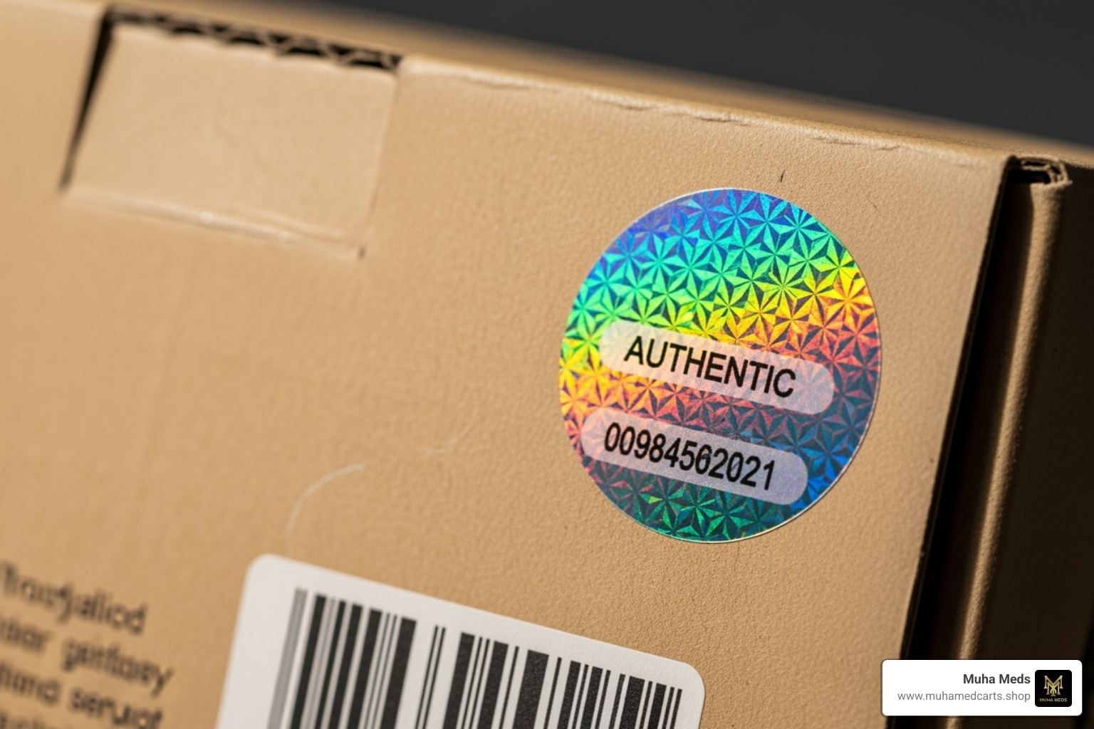 Back of a Muha Meds box with verification sticker highlighted - Muha Meds verification