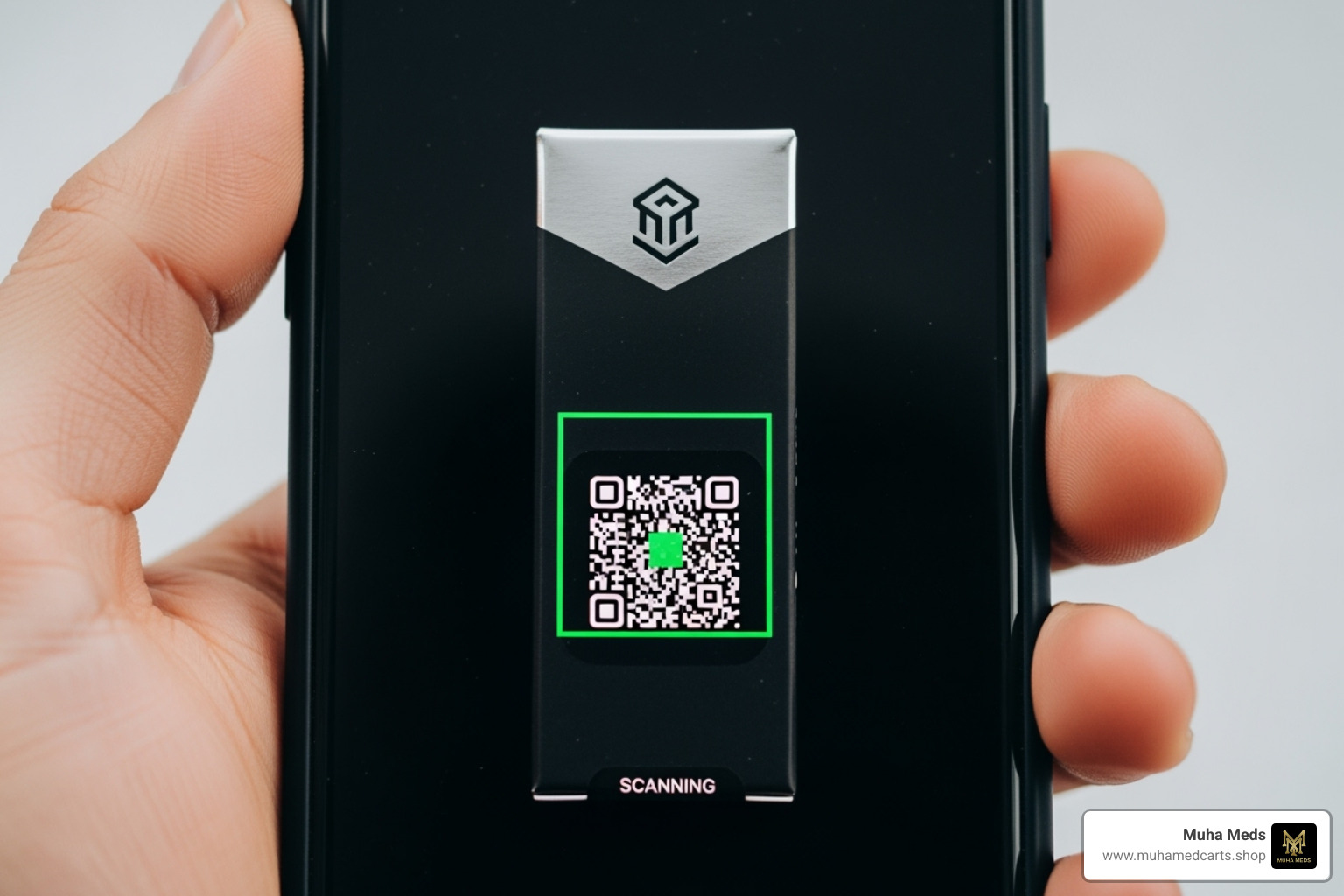 Smartphone scanning a QR code on Muha Meds packaging - Muha Meds verification