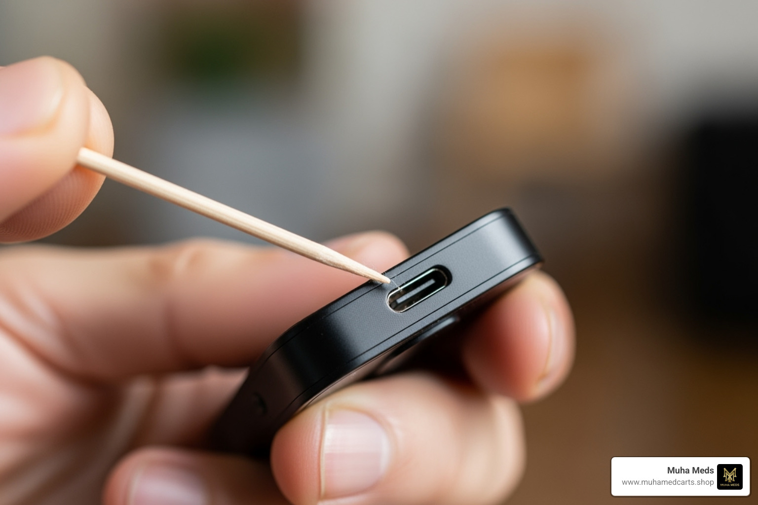 showing how to gently clean a Muha Meds vape's charging port with a toothpick - Muha Meds charging instructions