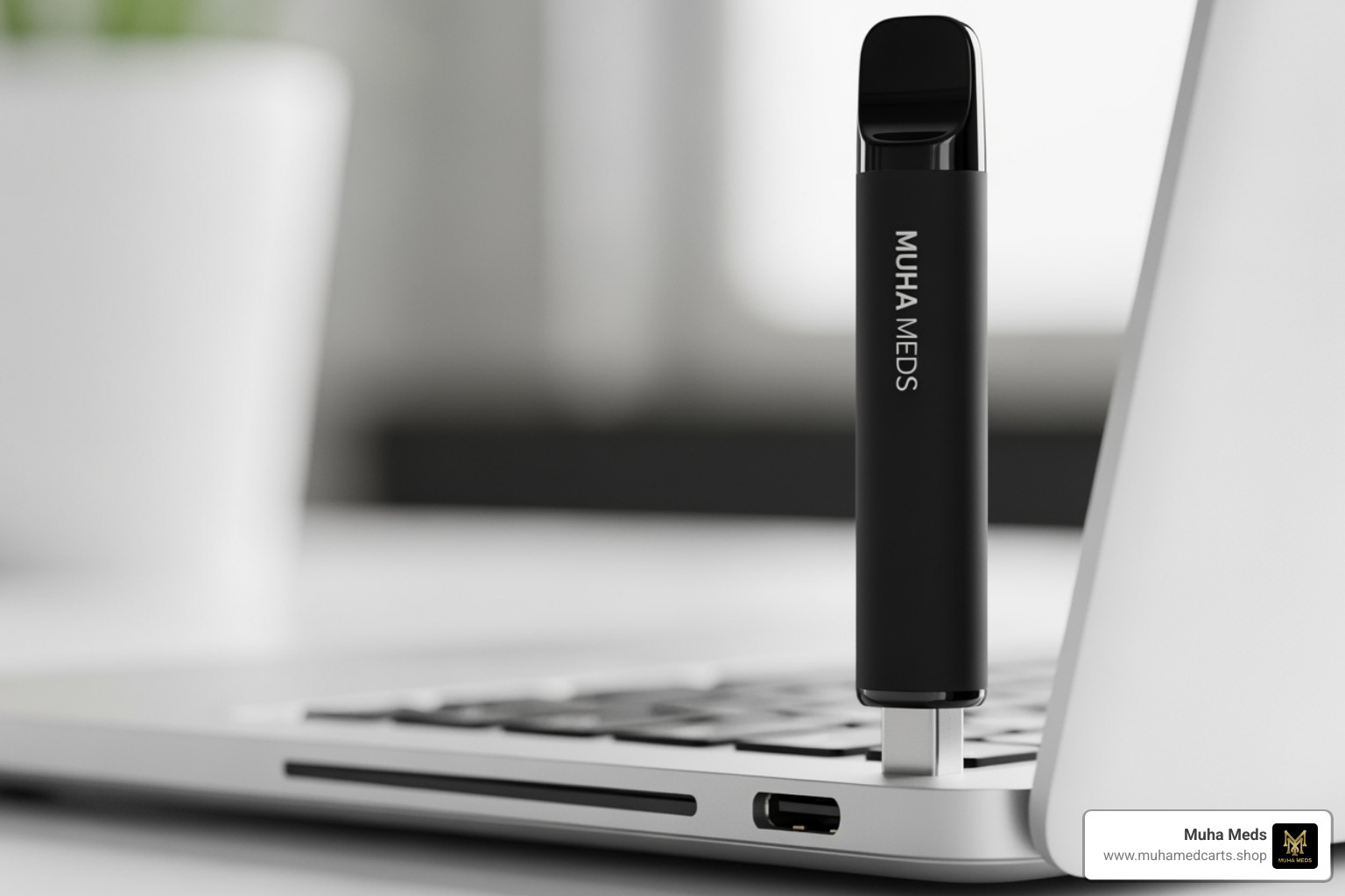 of a Muha Meds vape pen connected to a laptop's USB port - Muha Meds charging instructions