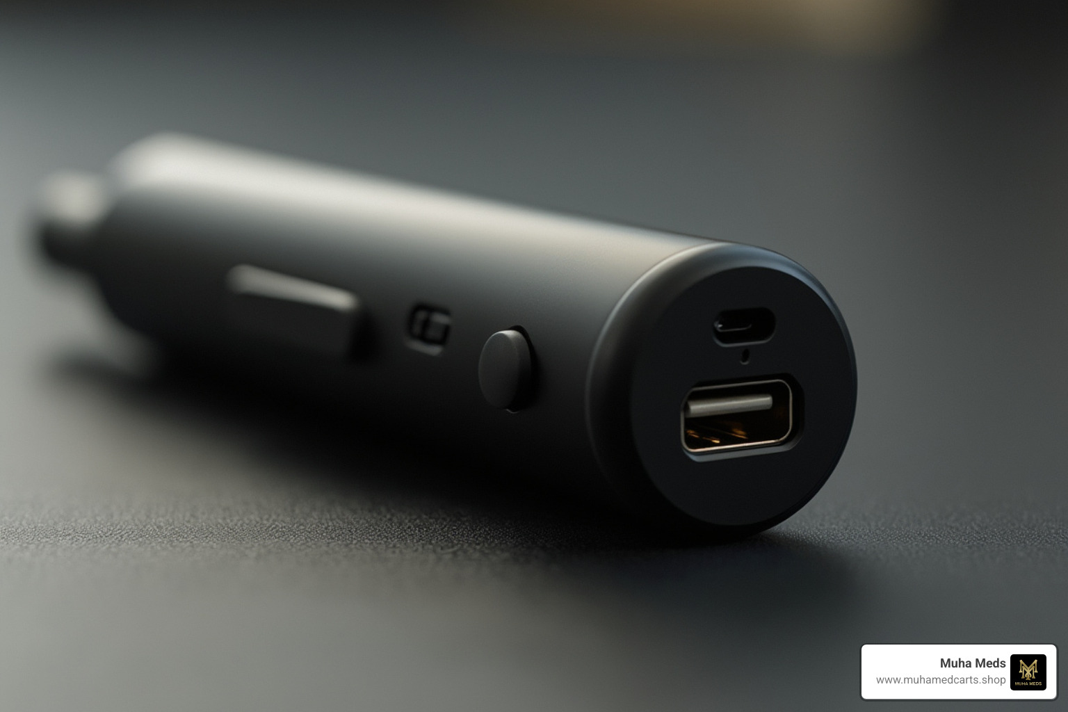 showing a close-up of the USB charging port on the bottom of a Muha Meds disposable - Muha Meds charging instructions