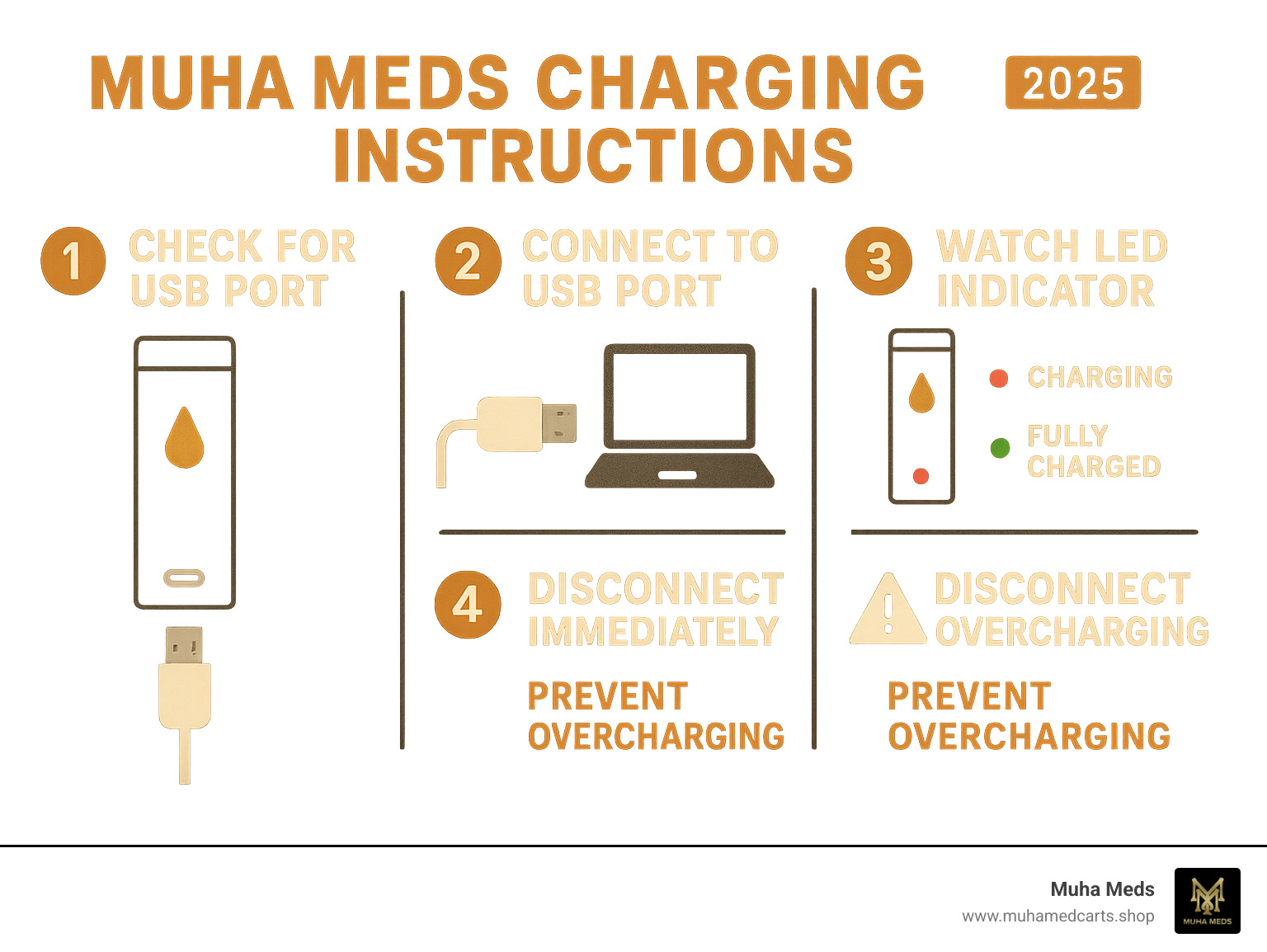 Infographic showing step-by-step Muha Meds charging process with visual indicators for USB port identification, proper cable connection, LED light meanings during charging, and safety tips for optimal battery health - Muha Meds charging instructions infographic 