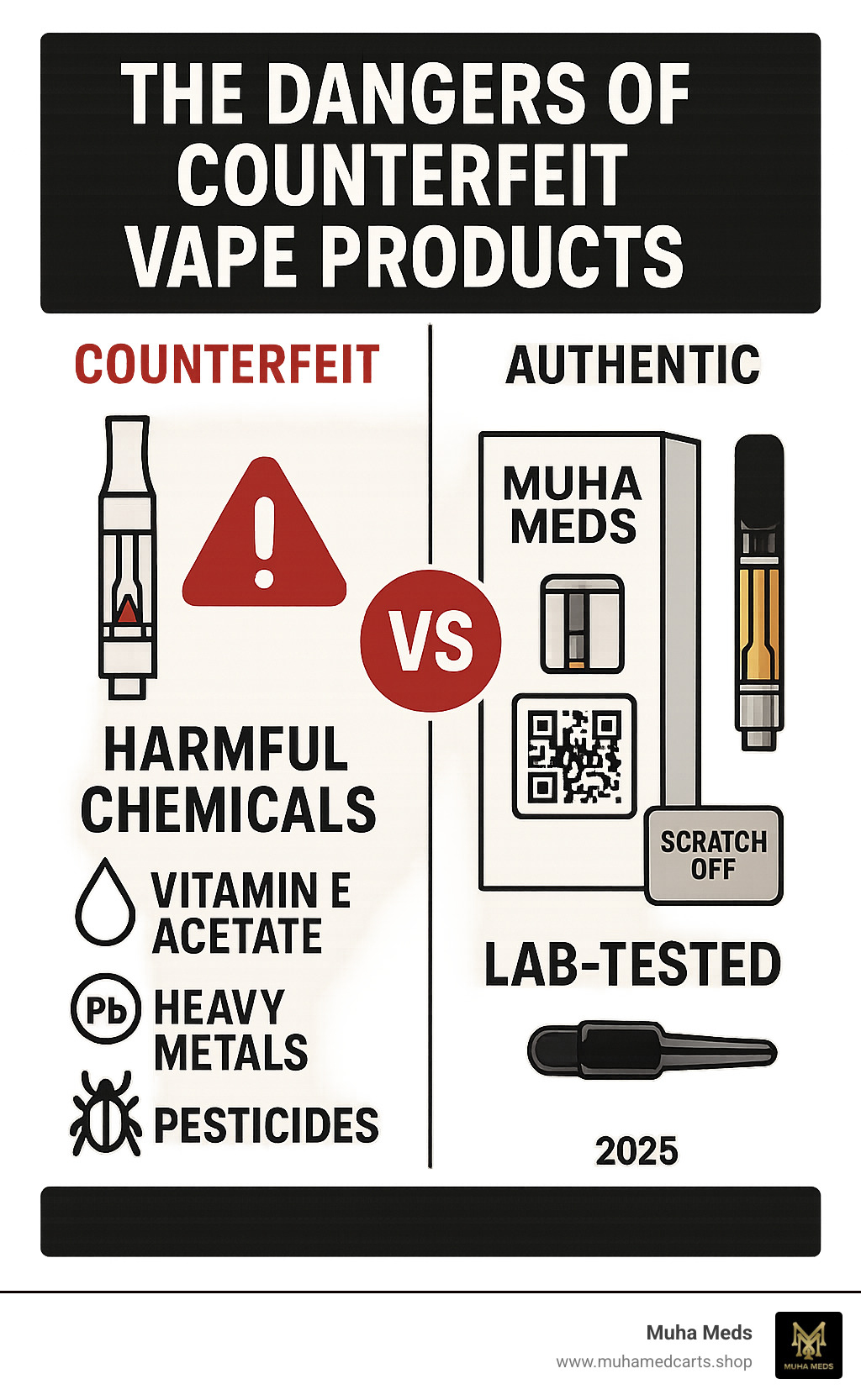 Infographic showing the dangers of counterfeit vape products including harmful chemicals like vitamin E acetate, heavy metals, and pesticides, contrasted with authentic Muha Meds products that are lab-tested and verified through QR codes and scratch-off verification stickers - Muha Meds verification infographic 