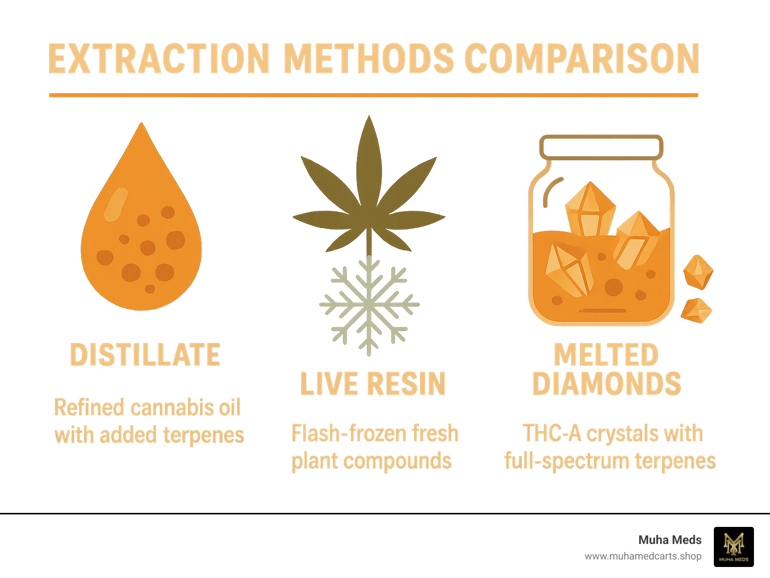 Infographic showing extraction methods comparison: Distillate uses refined cannabis oil with added terpenes, Live Resin preserves fresh plant compounds through flash-freezing, and Melted Diamonds combine THC-A crystals with full-spectrum terpenes for maximum potency and flavor - Muha Meds cart review infographic 