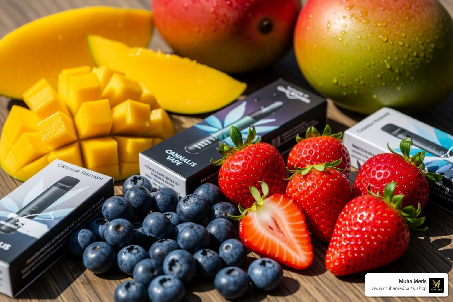 Image of fruits like mangoes, strawberries, and blueberries next to corresponding Muha Meds packaging - Muha Meds flavors