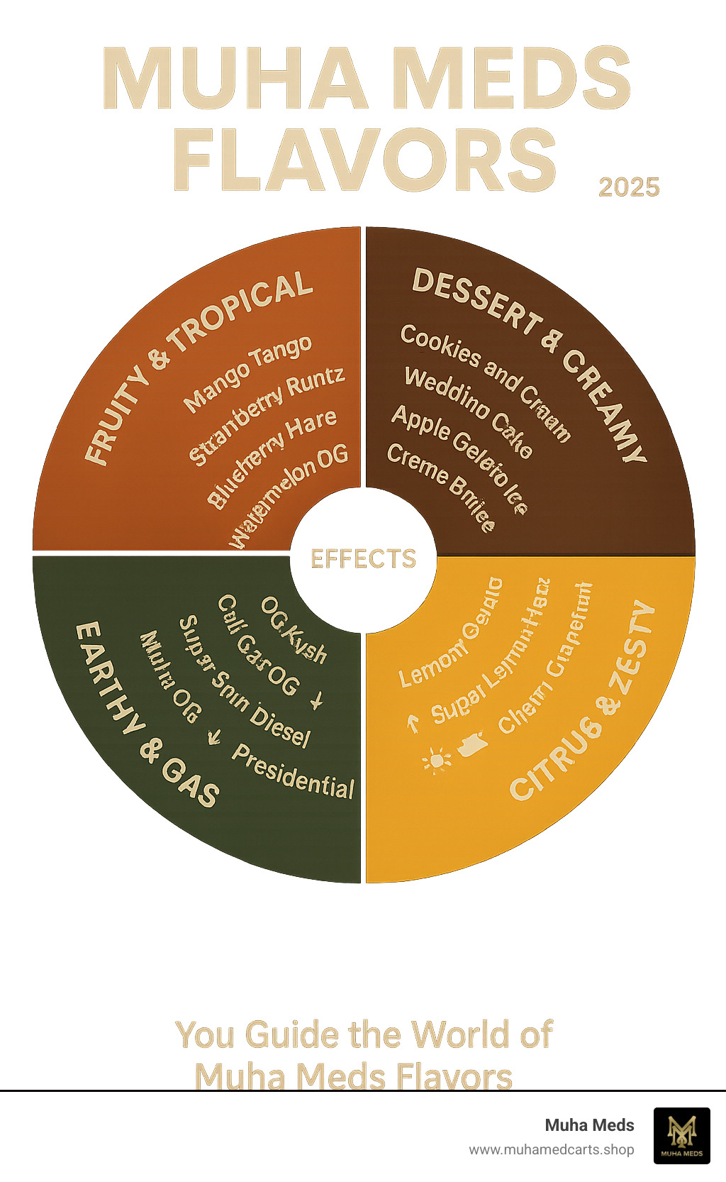 Infographic showing Muha Meds flavor categories organized in a wheel format with Fruity & Tropical, Dessert & Creamy, Earthy & Gas, and Citrus & Zesty sections, featuring popular strain examples and their corresponding effects - Muha Meds flavors infographic 