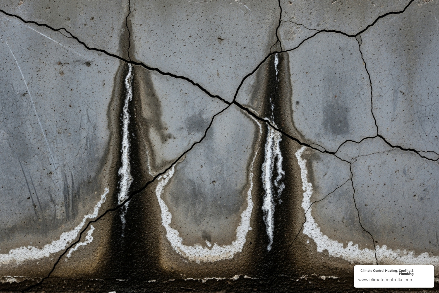 of a cracked foundation wall with visible water stains - drainage system installation