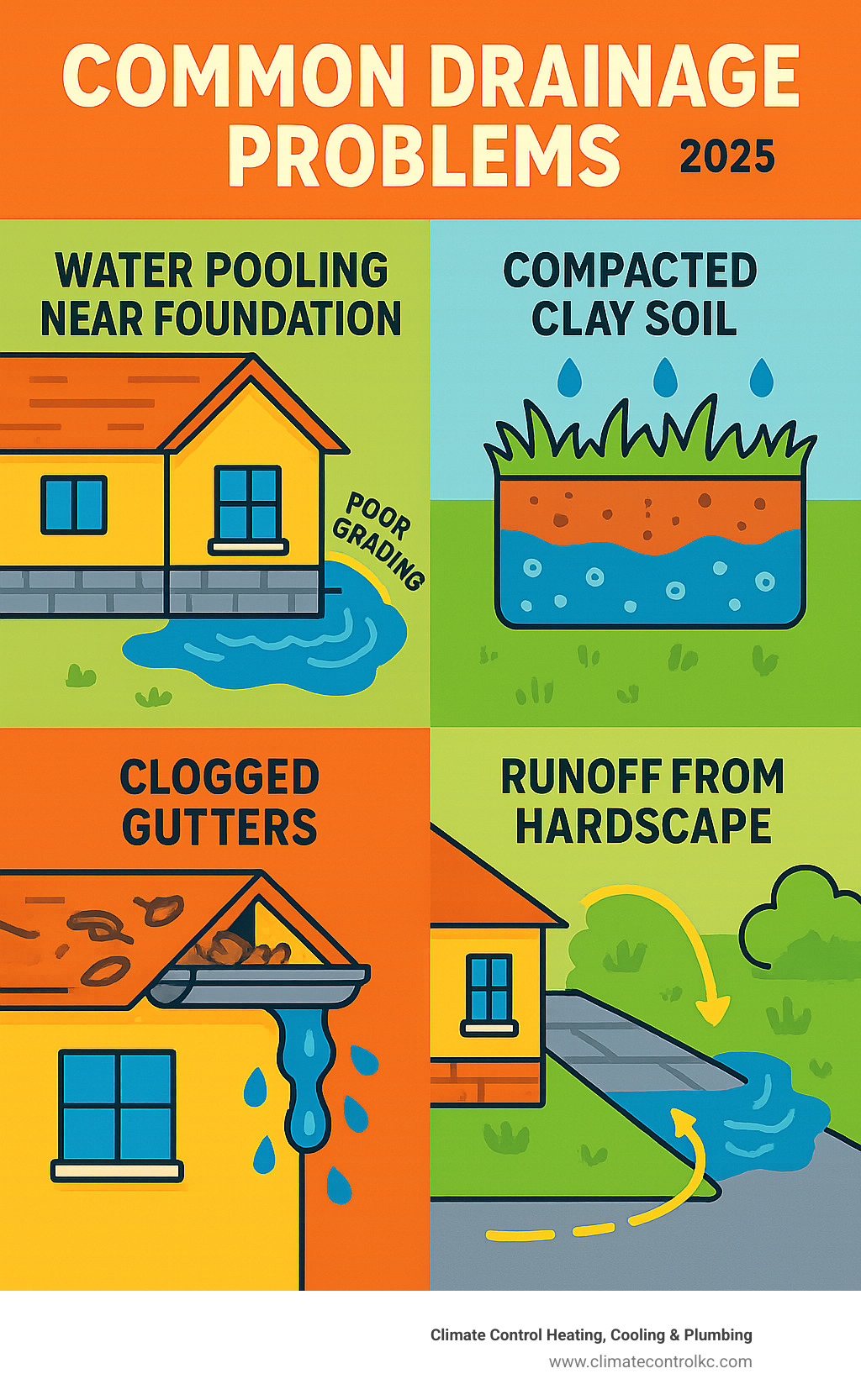 Infographic showing common drainage problems including water pooling near foundations from poor grading, compacted clay soil preventing water absorption, clogged gutters causing overflow, and hardscape surfaces directing runoff toward homes - drainage system installation infographic 