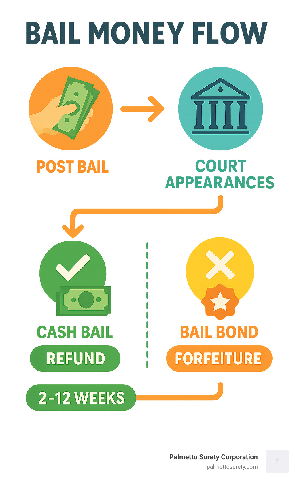 Infographic showing the complete bail money flow process from initial posting through court appearances to final refund or forfeiture, including timelines for cash bail refunds versus non-refundable bail bond premiums - do you receive bail money back infographic Infographic showing the complete bail money flow process from initial posting through court appearances to final refund or forfeiture, including timelines for cash bail refunds versus non-refundable bail bond premiums - do you receive bail money back infographic