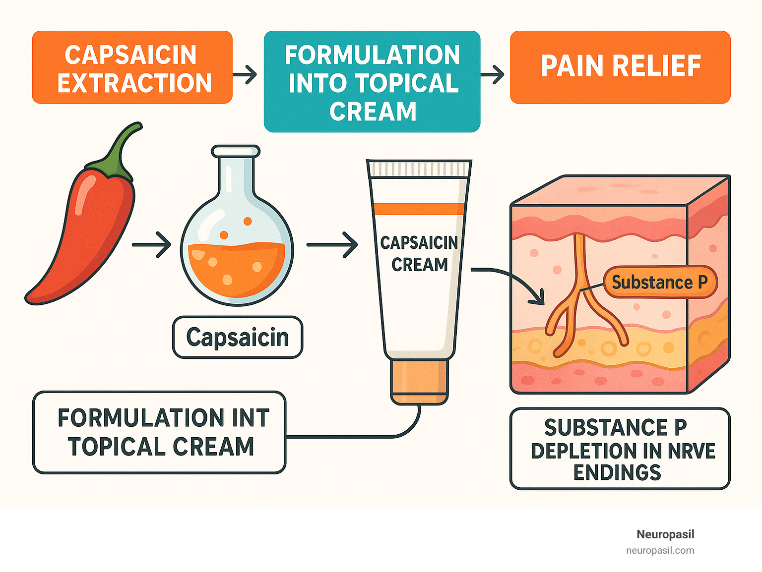 Detailed infographic showing the process of capsaicin extraction from chili peppers, how it's formulated into topical cream, and the mechanism of pain relief through substance P depletion in nerve endings - capsaicin cream infographic 