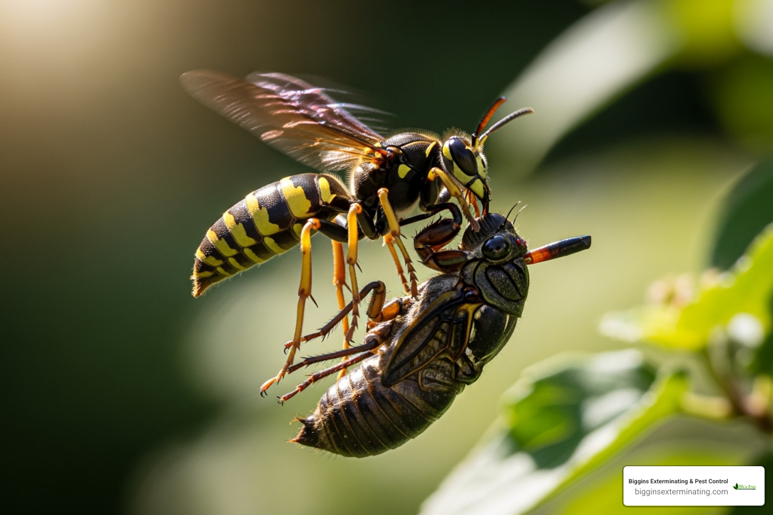 female cicada killer wasp with a paralyzed cicada - cicada killer wasp exterminator near me