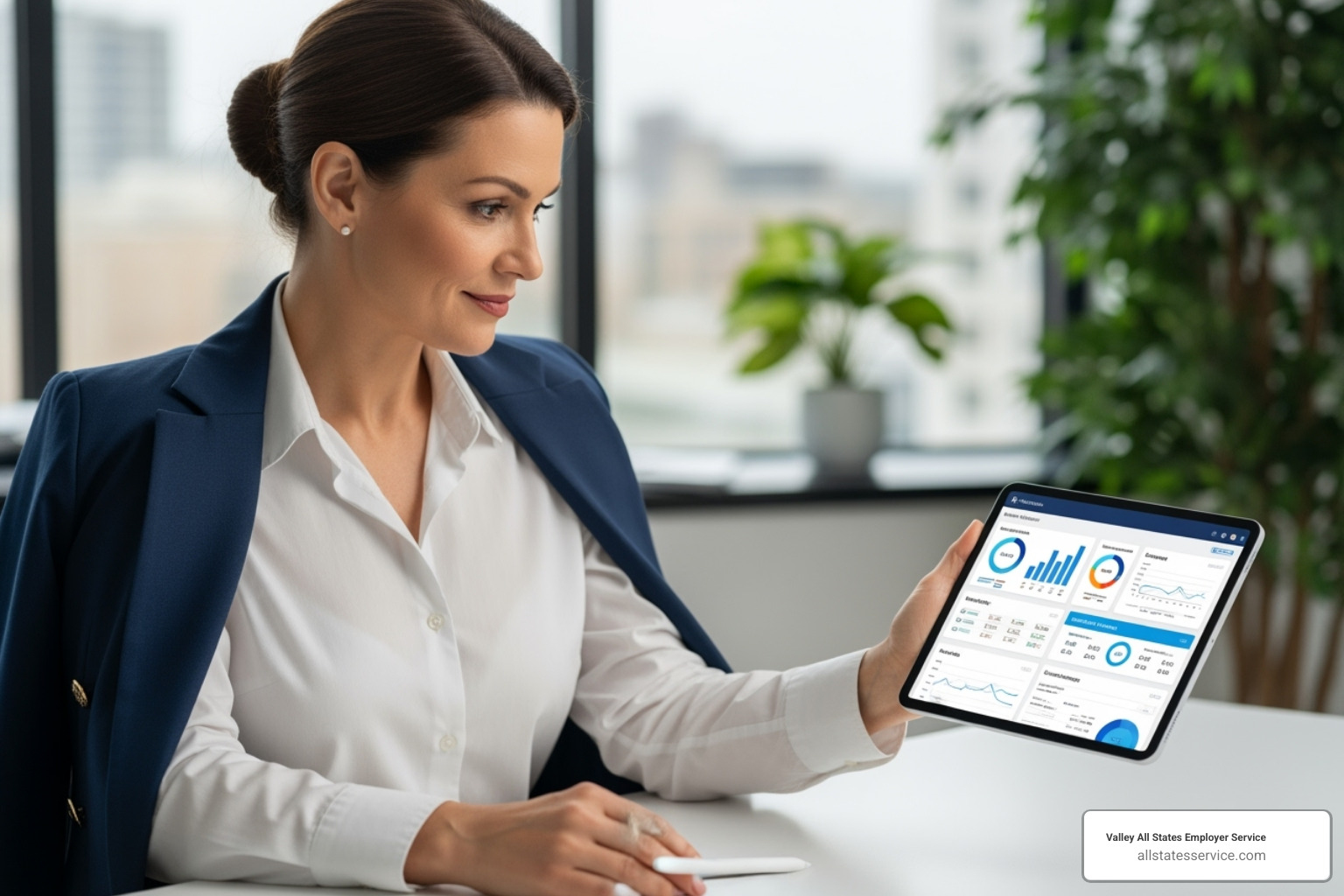 Franchisee confidently reviewing compliance reports on a tablet - franchise i-9 compliance services