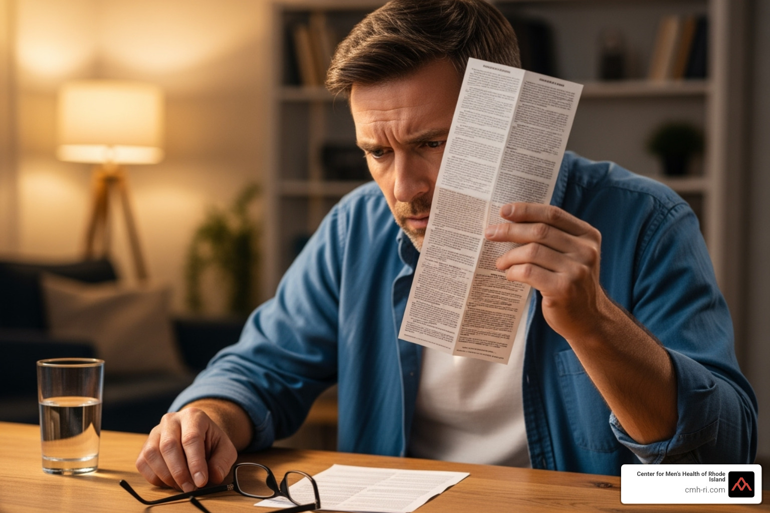 man looking concerned at a medication leaflet - viagra side effects