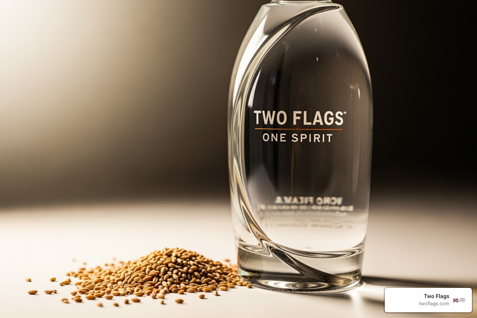 rye grains and a glistening Two Flags One Spirit vodka bottle - What vodka to buy?