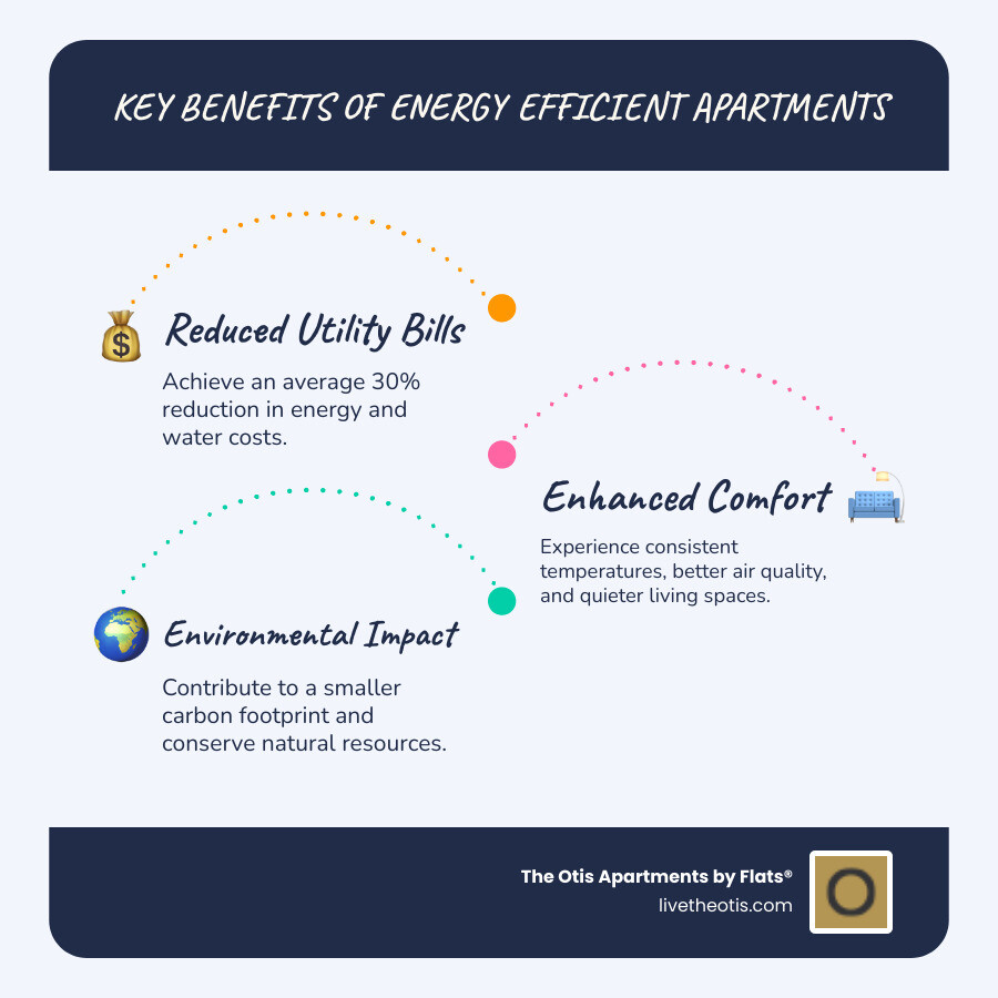 Infographic showing the three main benefits of energy efficient apartments: reduced energy use through efficient appliances and systems, improved comfort with consistent temperatures and better air quality, and environmental benefits including reduced carbon footprint and resource conservation - Energy efficient apartments infographic infographic-line-3-steps-blues-accent_colors