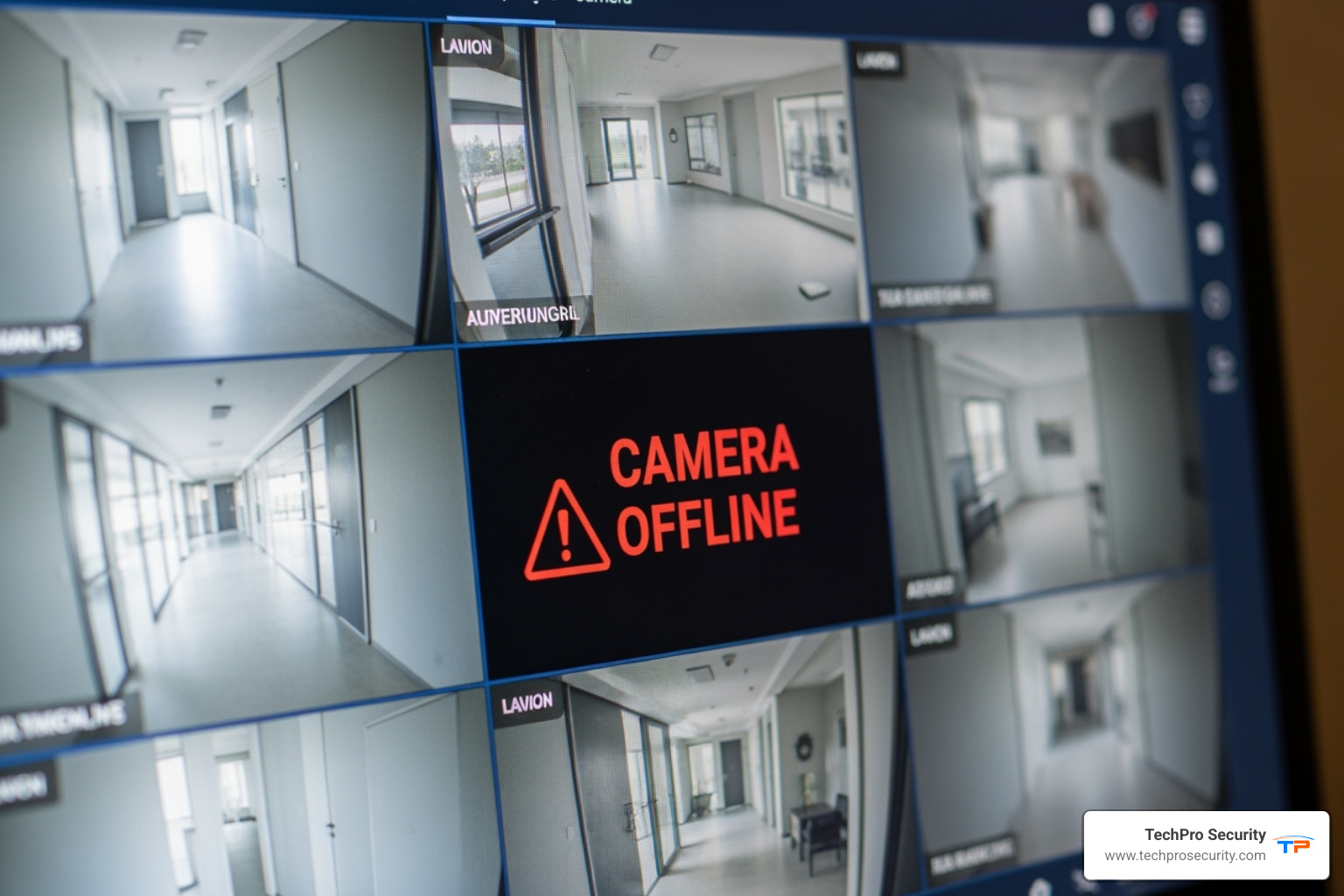 Security monitoring dashboard showing a "camera offline" alert - business security camera maintenance