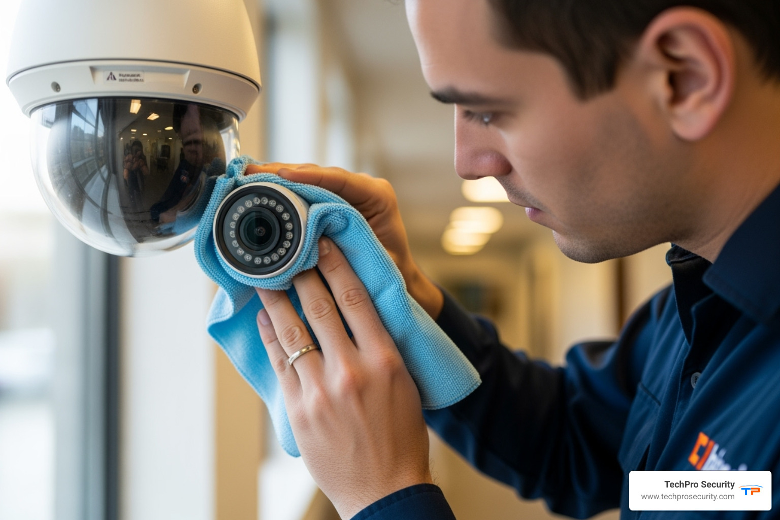 Person carefully wiping a camera dome - business security camera maintenance
