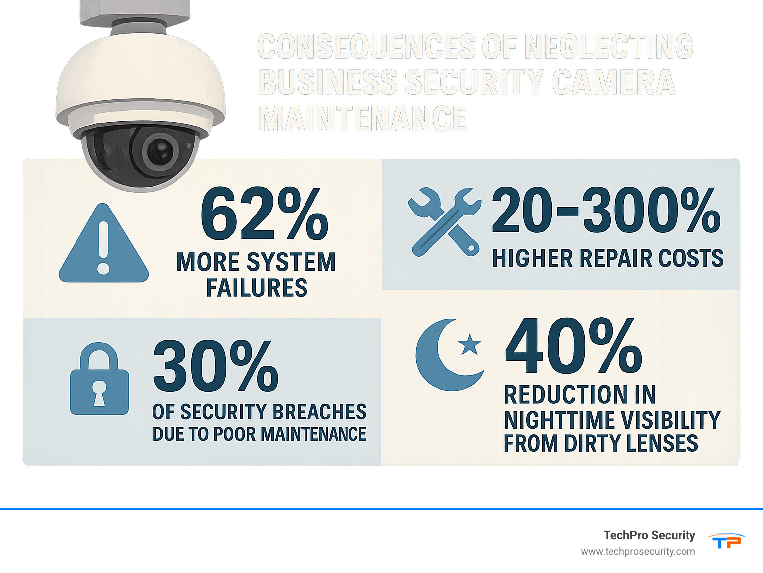 Comprehensive infographic showing the consequences of neglecting business security camera maintenance: 62% more system failures, 200-300% higher repair costs, 30% of security breaches due to poor maintenance, and 40% reduction in nighttime visibility from dirty lenses - business security camera maintenance infographic 