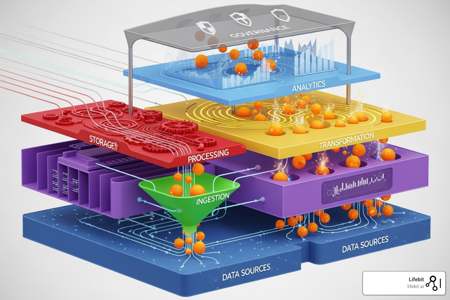 Modern enterprise data platform architecture showing layers like data sources, ingestion, storage, processing, change, analytics, and governance - Enterprise data platform