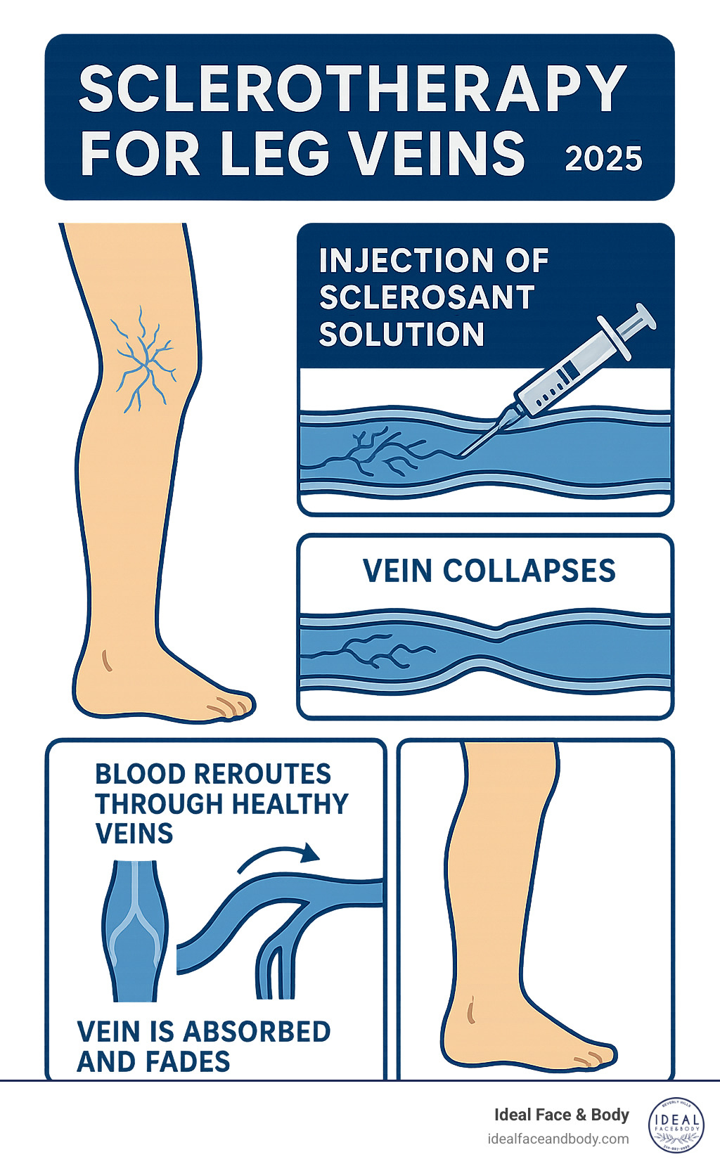 Detailed infographic showing step-by-step process of sclerotherapy treatment on leg veins, including injection of sclerosant solution, vein collapse mechanism, blood rerouting through healthy veins, and timeline for vein absorption and fading - sclerotherapy for leg veins infographic 