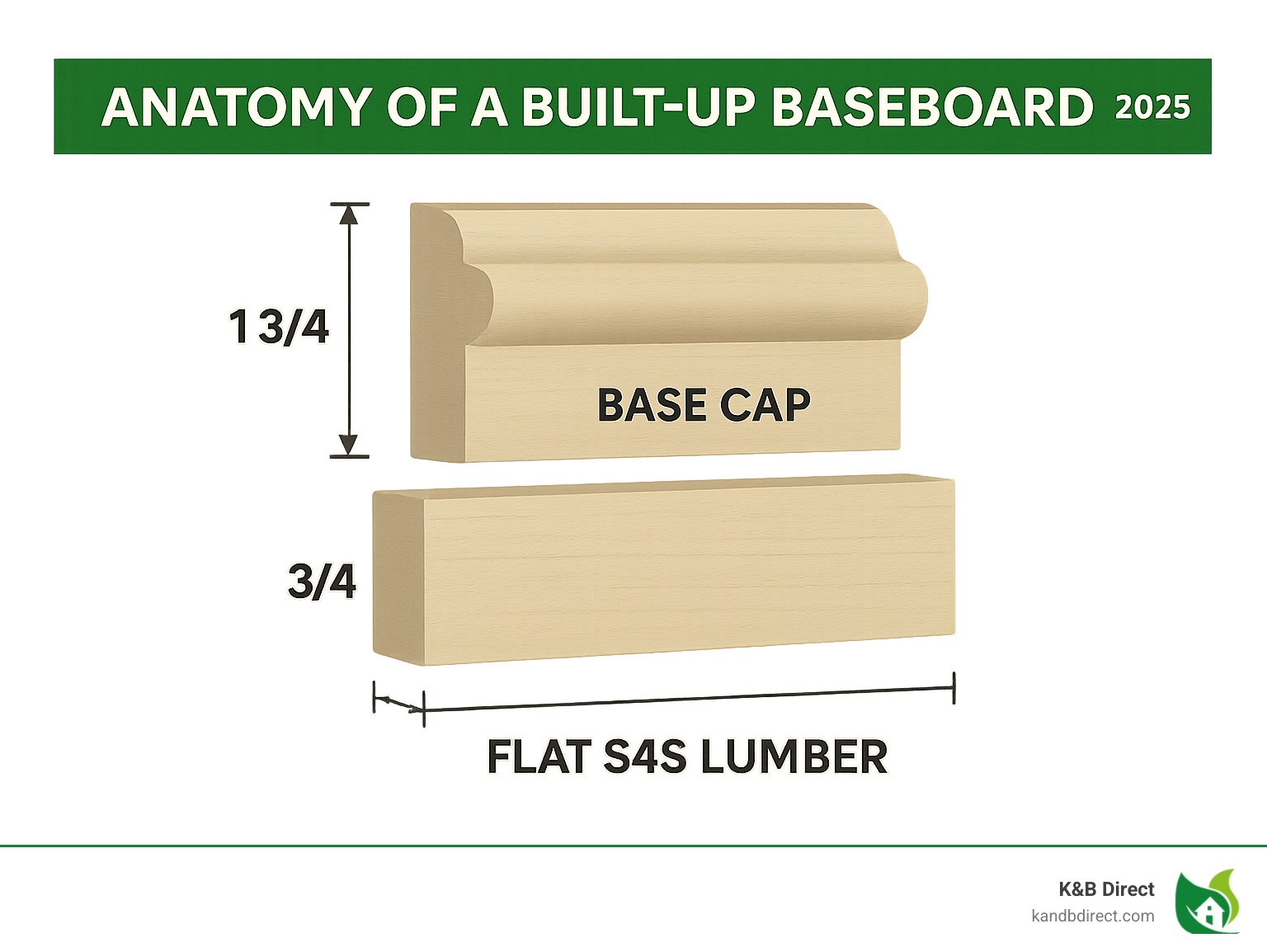 Infographic showing the anatomy of a built-up baseboard with a flat S4S lumber board as the base and a 1 3/4 inch decorative base cap profile mounted on top, with labels indicating dimensions and component names - 1 3 4 base cap moulding infographic 