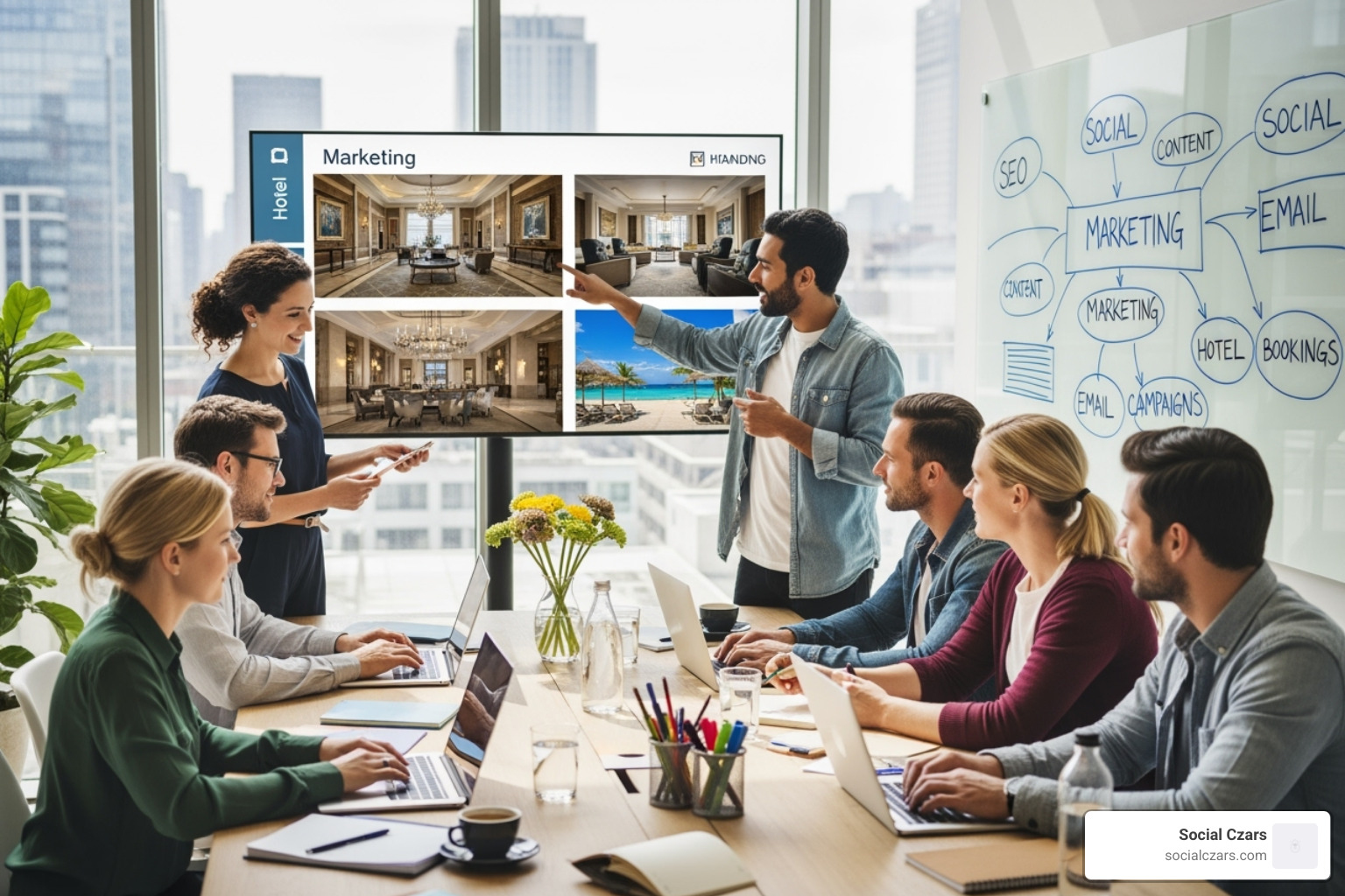 Marketing team collaborating on a hotel's digital strategy - hotel SEO company