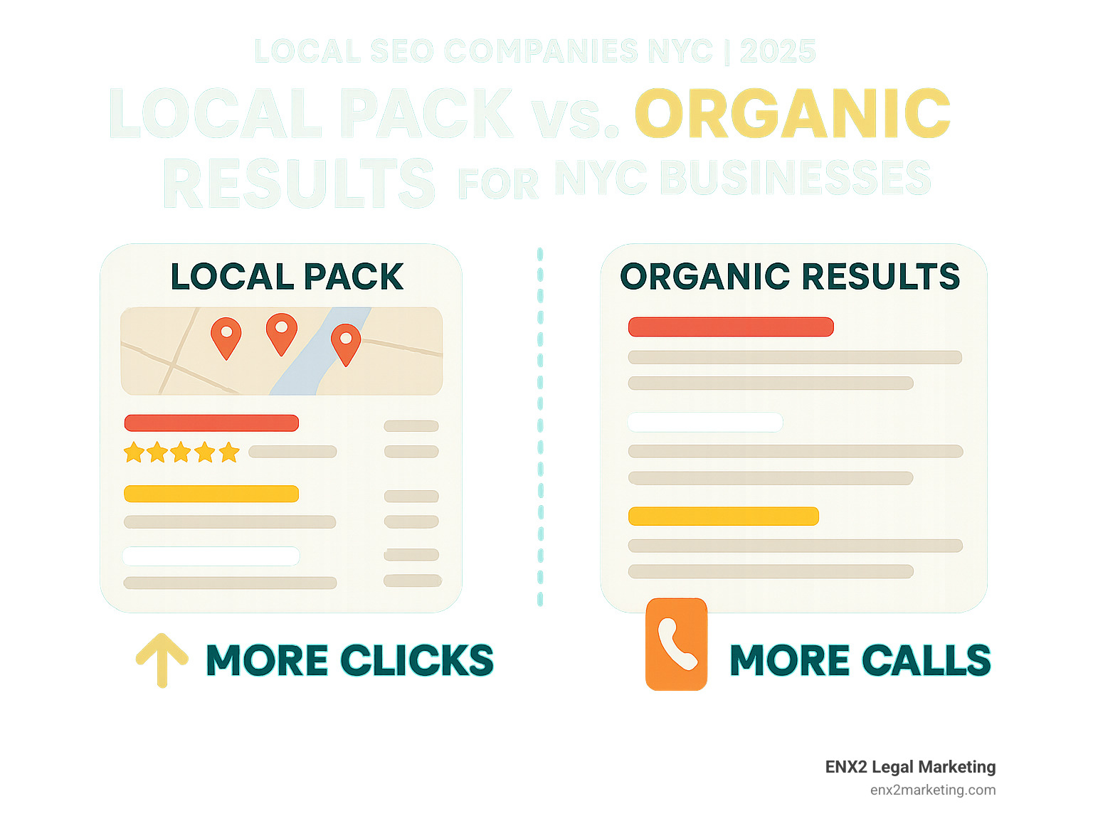 Infographic showing the difference between Google Local Pack results (top 3 local listings with map) and standard organic search results, highlighting how Local Pack generates more clicks and phone calls for NYC businesses - local seo companies nyc infographic 