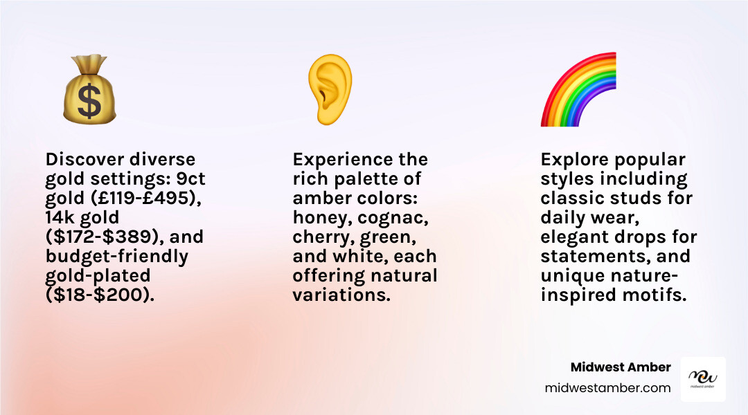 Comprehensive guide showing different amber colors from honey to green, gold setting options from 9ct to 14k, popular earring styles including studs and drops, and price ranges for various quality levels - Amber earrings gold infographic 3_facts_emoji_light-gradient