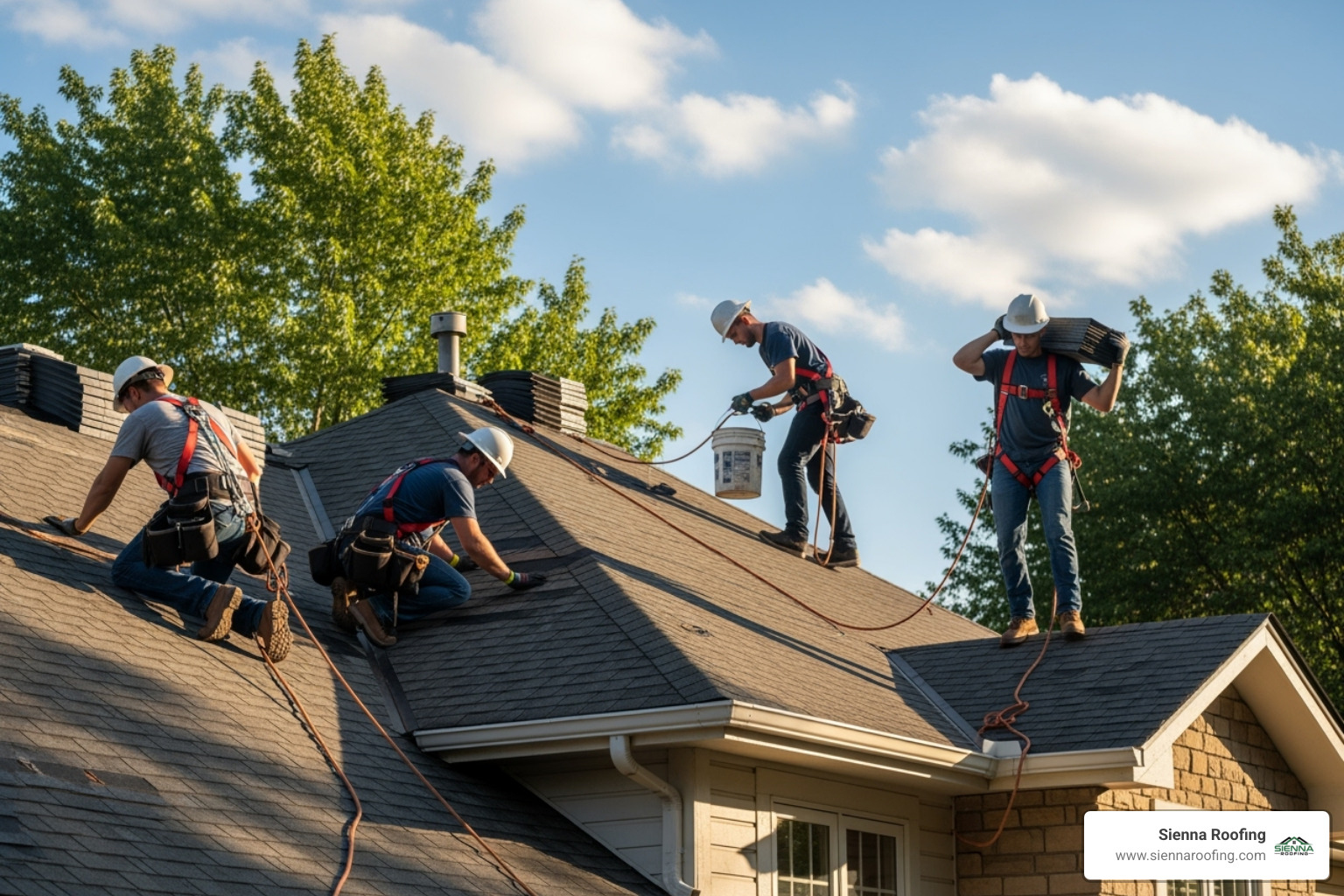 a roofing crew working safely on a residential roof, all wearing proper OSHA required safety harness - roofing richmond tx