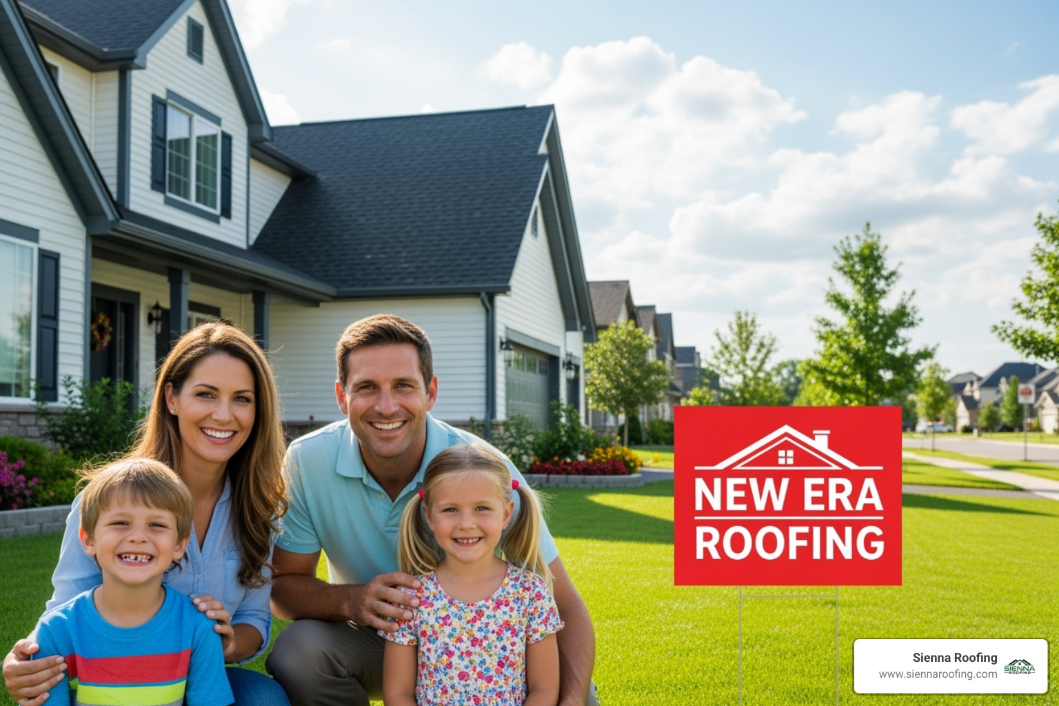 family smiling in front of their home with a new Sienna Roofing sign in the yard - roofing richmond tx