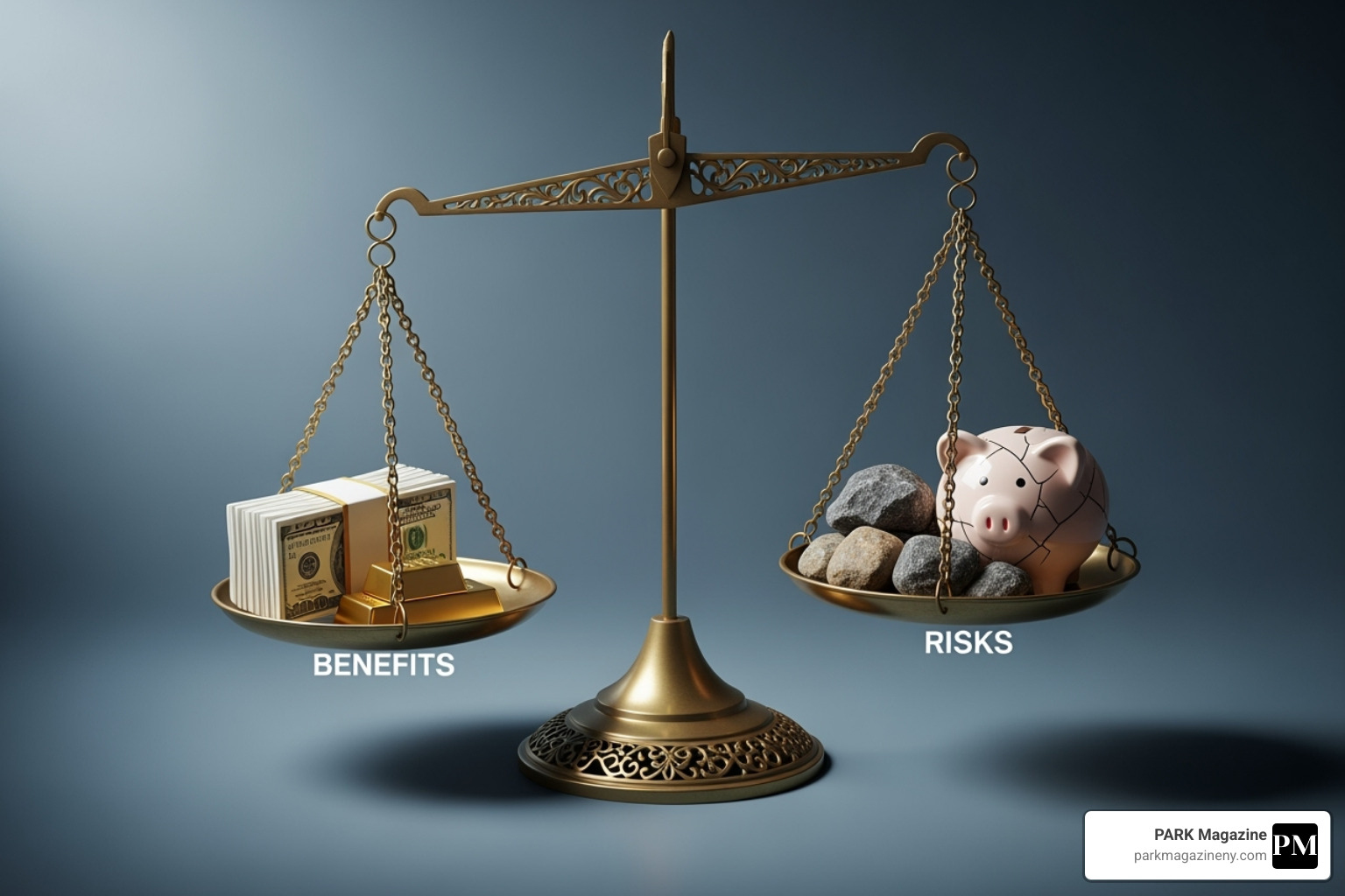 A balanced scale with "Benefits" on one side and "Risks" on the other, symbolizing the trade-offs in dividend investing - 5starsstocks.com income stocks