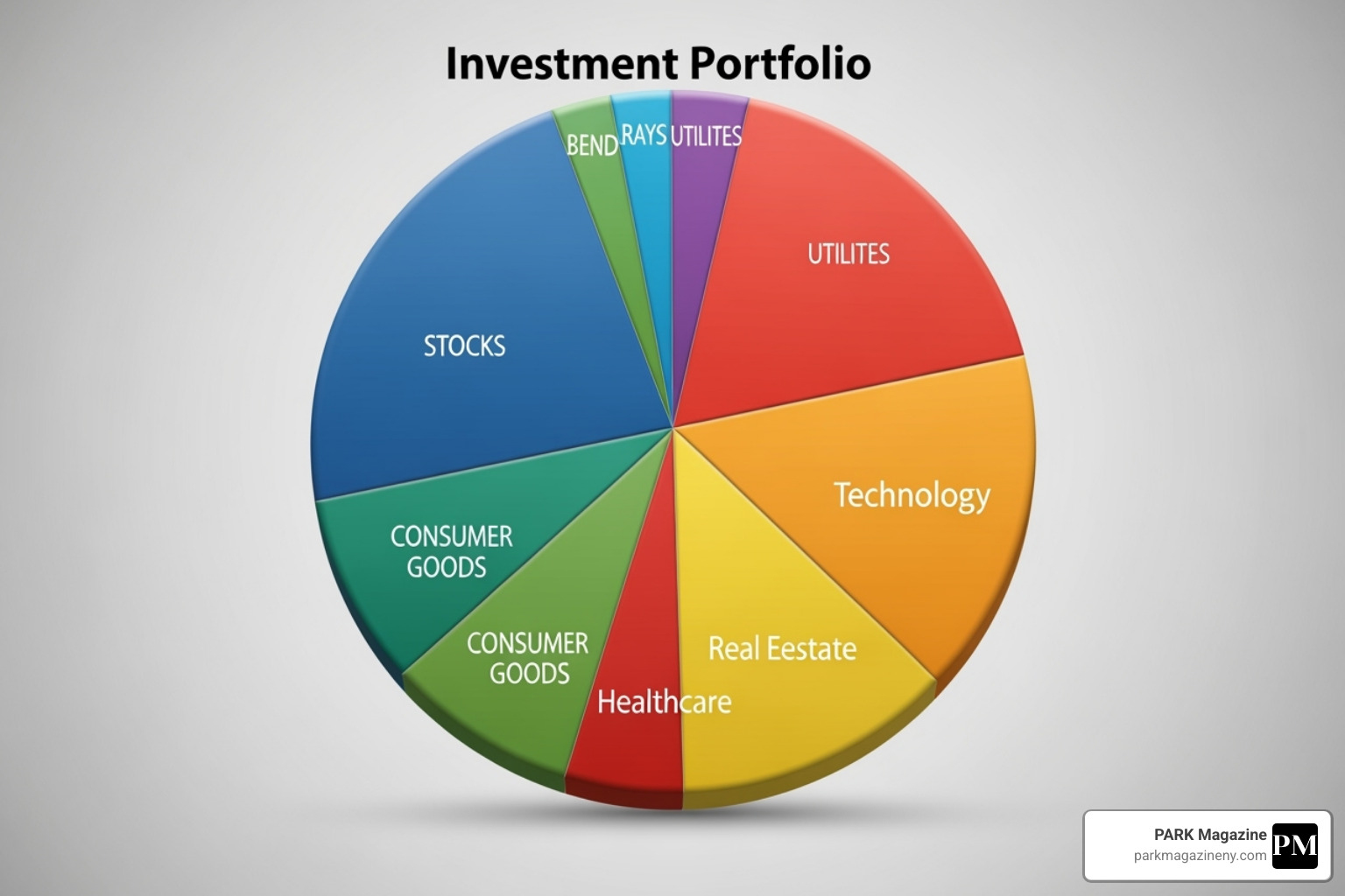 Pie chart illustrating a diversified investment portfolio with various asset classes and sectors, such as stocks, bonds, real estate, and different industry sectors - 5starsstocks.com income stocks