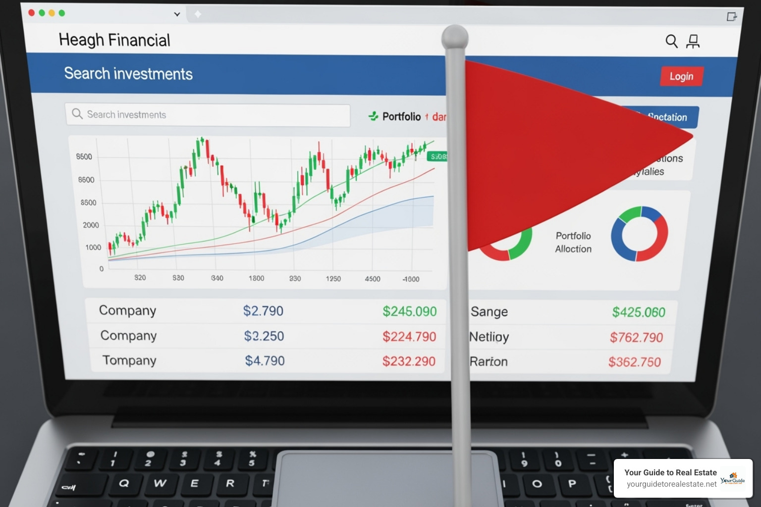 Red flag icon superimposed over a computer screen showing the 5starsstocks.com website - 5starsstocks.com best stocks