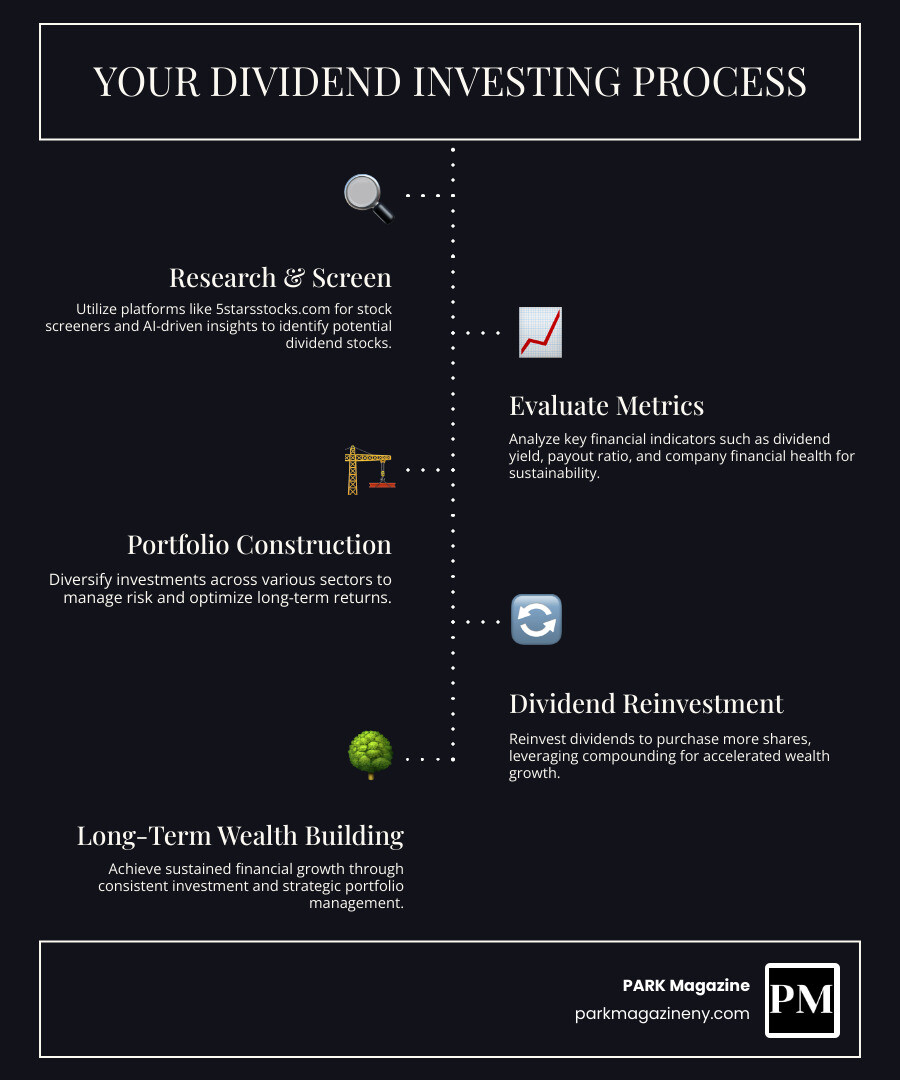 Comprehensive infographic showing the dividend investing process: starting with 5starsstocks.com research tools and stock screeners, moving through key evaluation metrics like dividend yield and payout ratio, then portfolio construction with diversification across sectors, and ending with long-term wealth building through dividend reinvestment and compounding returns - 5starsstocks.com dividend stocks infographic infographic-line-5-steps-dark