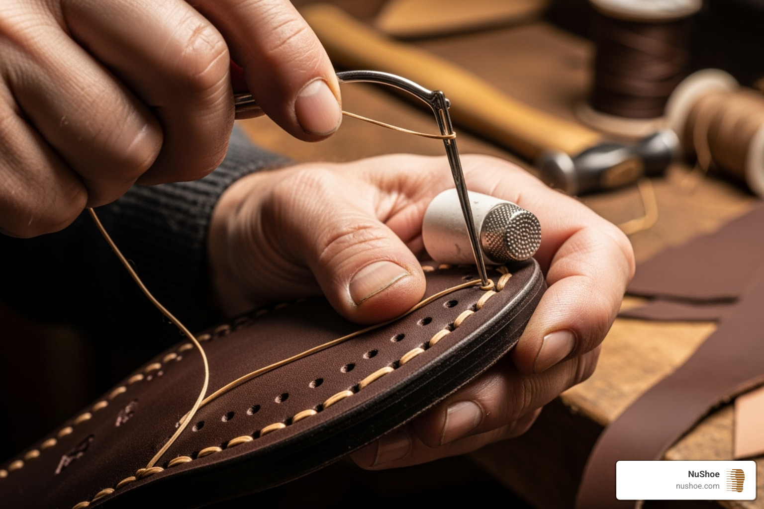 cobbler's hands carefully stitching a leather shoe sole - shoe repair San Diego CA