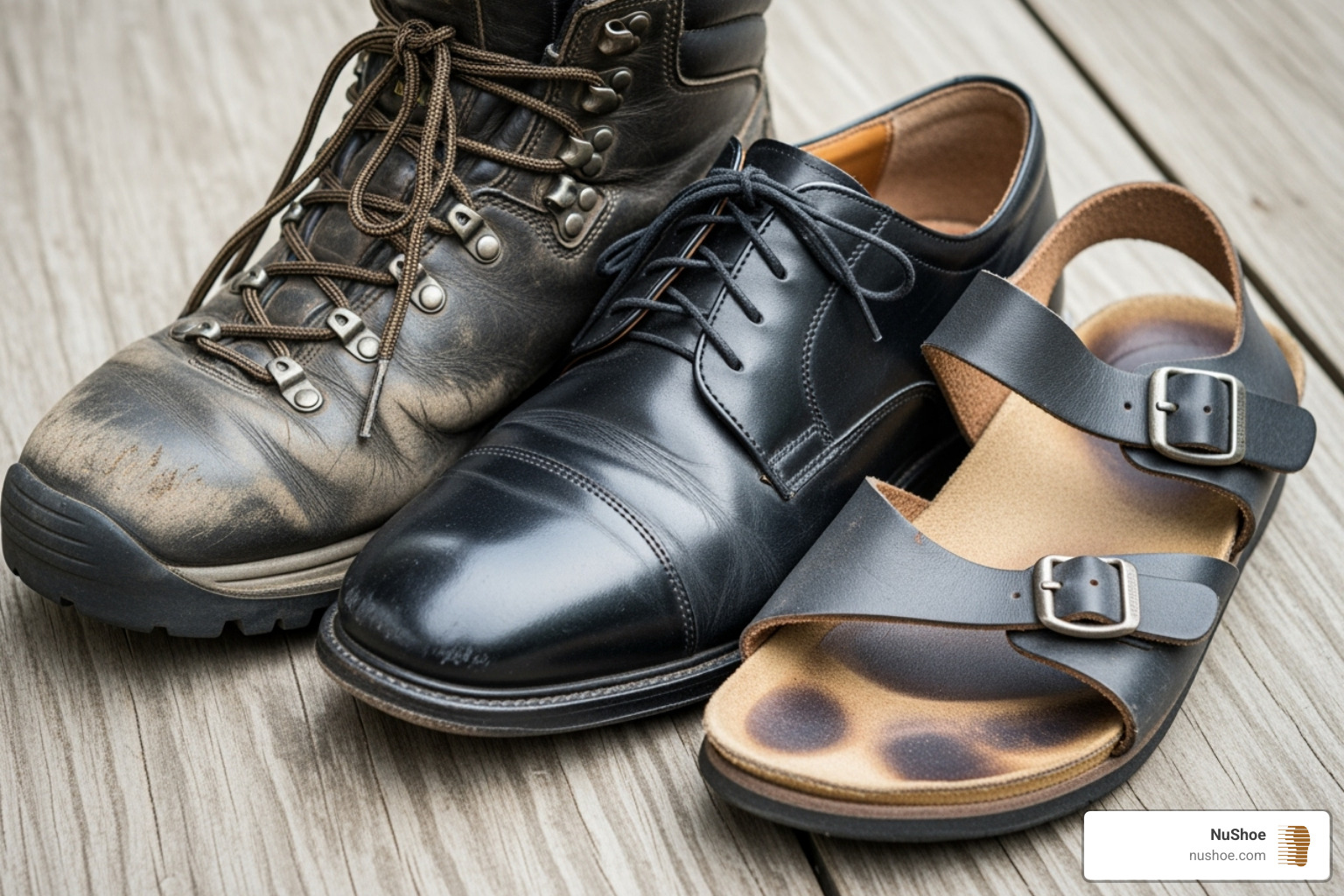 collection of different shoes—a hiking boot, a dress shoe, and a sandal—all showing signs of wear - shoe repair San Diego CA