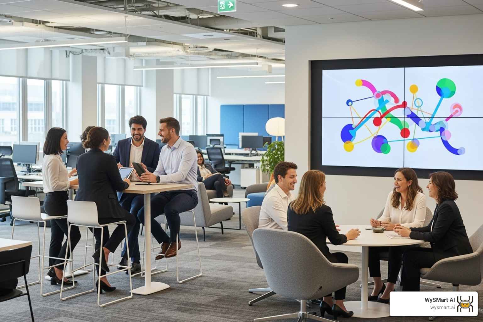 A vibrant office space displaying company values on a large screen, with diverse employees collaborating happily, reflecting a positive employer brand. - recruitment marketing strategy A vibrant office space displaying company values on a large screen, with diverse employees collaborating happily, reflecting a positive employer brand. - recruitment marketing strategy