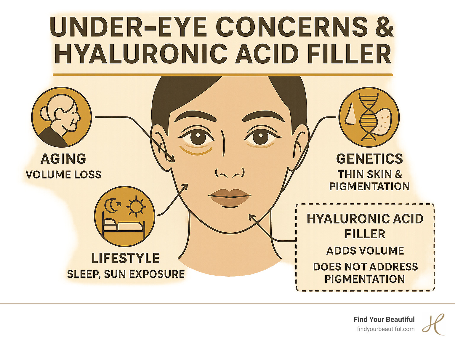 Comprehensive infographic showing the primary causes of under-eye concerns including aging-related volume loss, genetic predisposition to thin skin and pigmentation, lifestyle factors like sleep deprivation and sun exposure, anatomical changes such as fat pad descent and bone structure modifications, and how hyaluronic acid fillers address volume loss but not pigmentation issues - under eye filler infographic Comprehensive infographic showing the primary causes of under-eye concerns including aging-related volume loss, genetic predisposition to thin skin and pigmentation, lifestyle factors like sleep deprivation and sun exposure, anatomical changes such as fat pad descent and bone structure modifications, and how hyaluronic acid fillers address volume loss but not pigmentation issues - under eye filler infographic