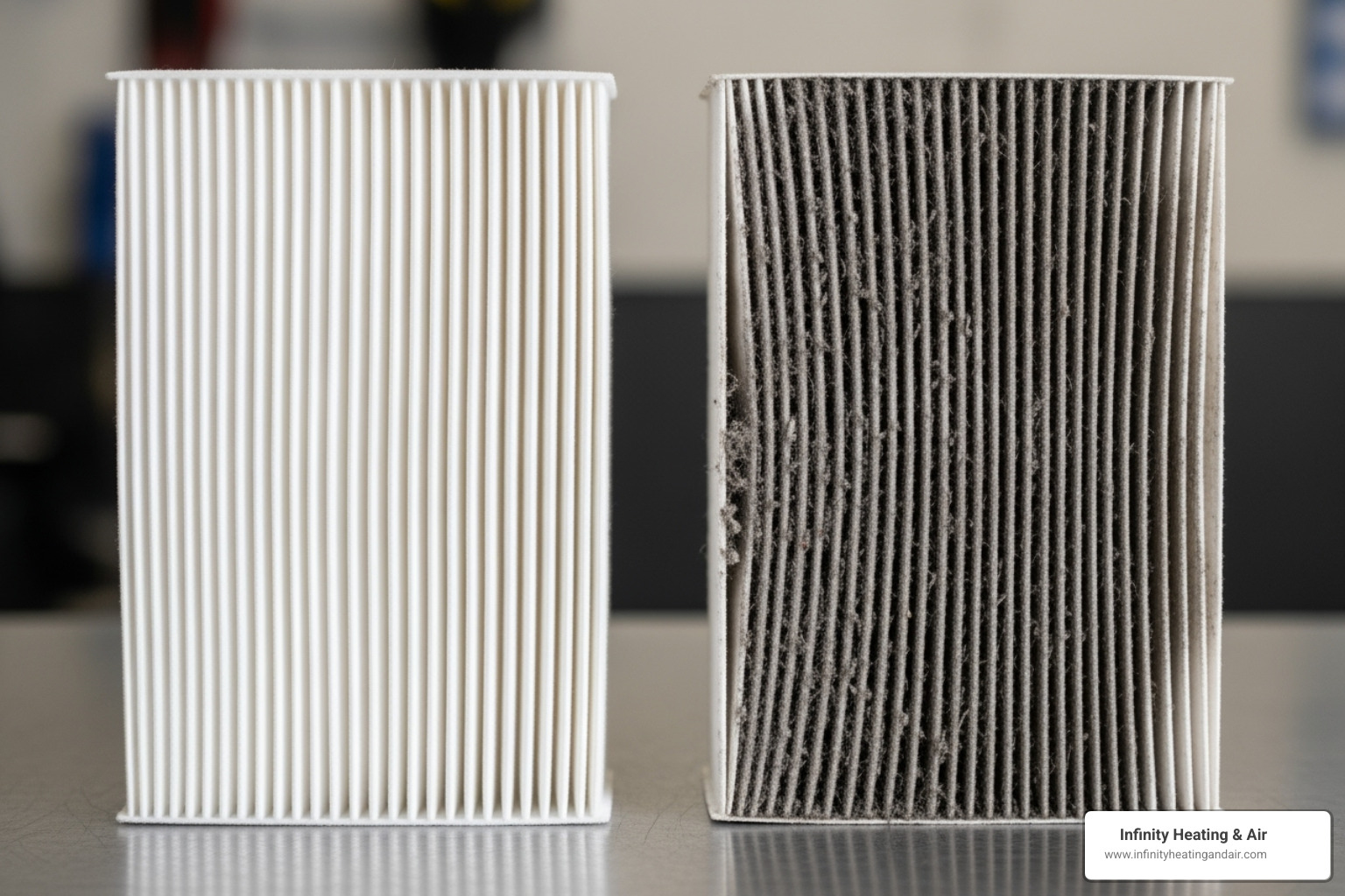 A clean air filter being compared to a dirty one - Air conditioning diagnostics